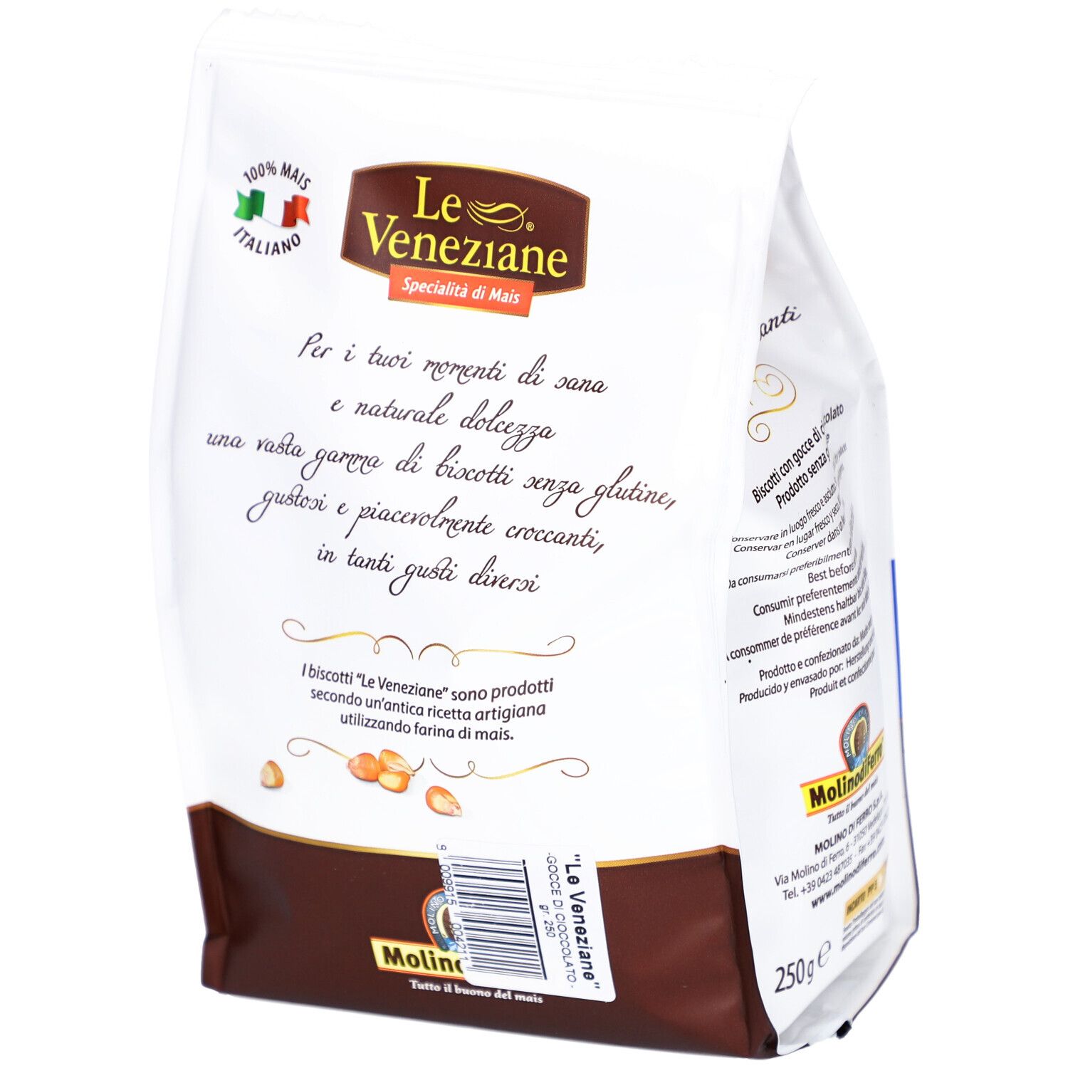 Dos du paquet LE VENEZIANE Cookies Schokostücke sans gluten. Texte italien, certification maïs.