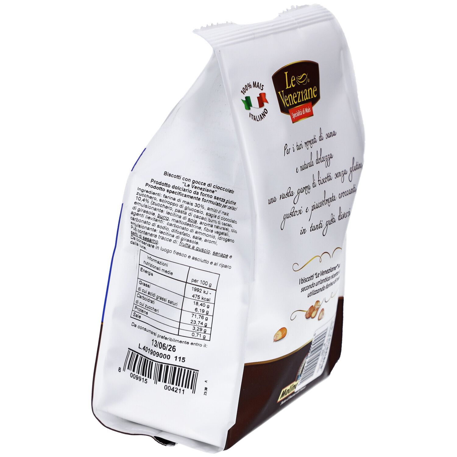 Dos du paquet LE VENEZIANE Cookies Schokostücke sans gluten. Vue détaillée avec informations nutritionnelles et texte.