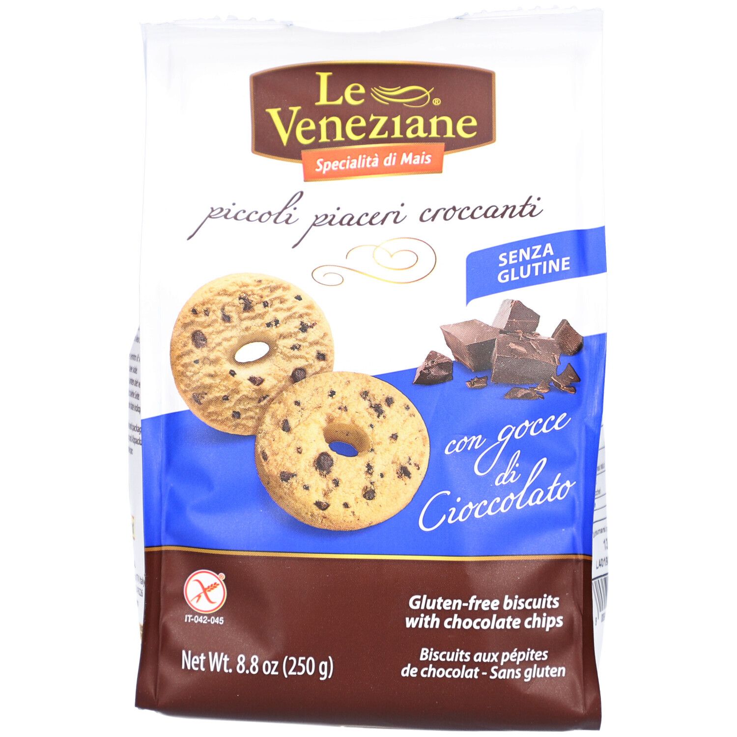 Paquet de LE VENEZIANE Cookies Schokostücke sans gluten. Contient des biscuits, pépites de chocolat, sans gluten, 250 g.