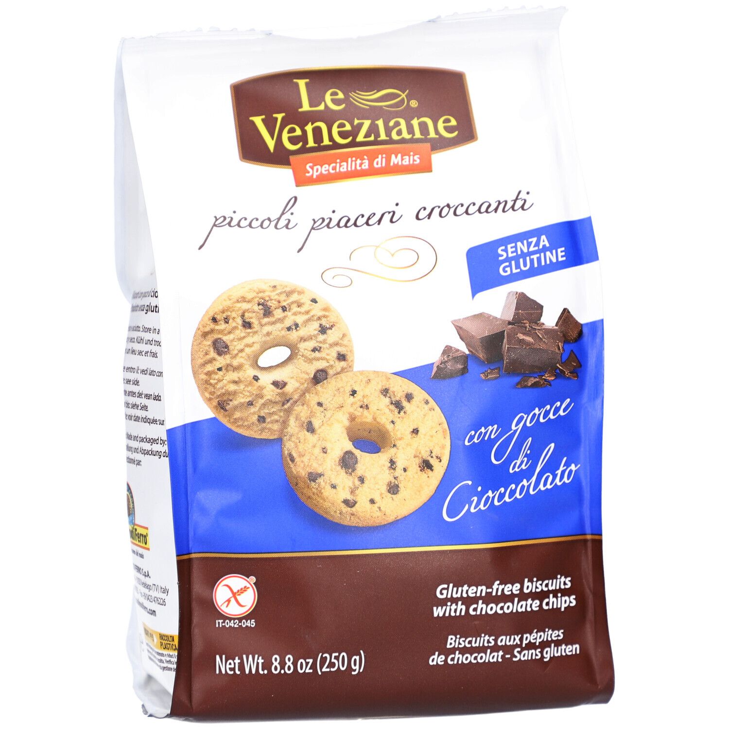 Paquet de LE VENEZIANE Cookies Schokostücke sans gluten. Contient des biscuits, pépites de chocolat, sans gluten, 250 g.