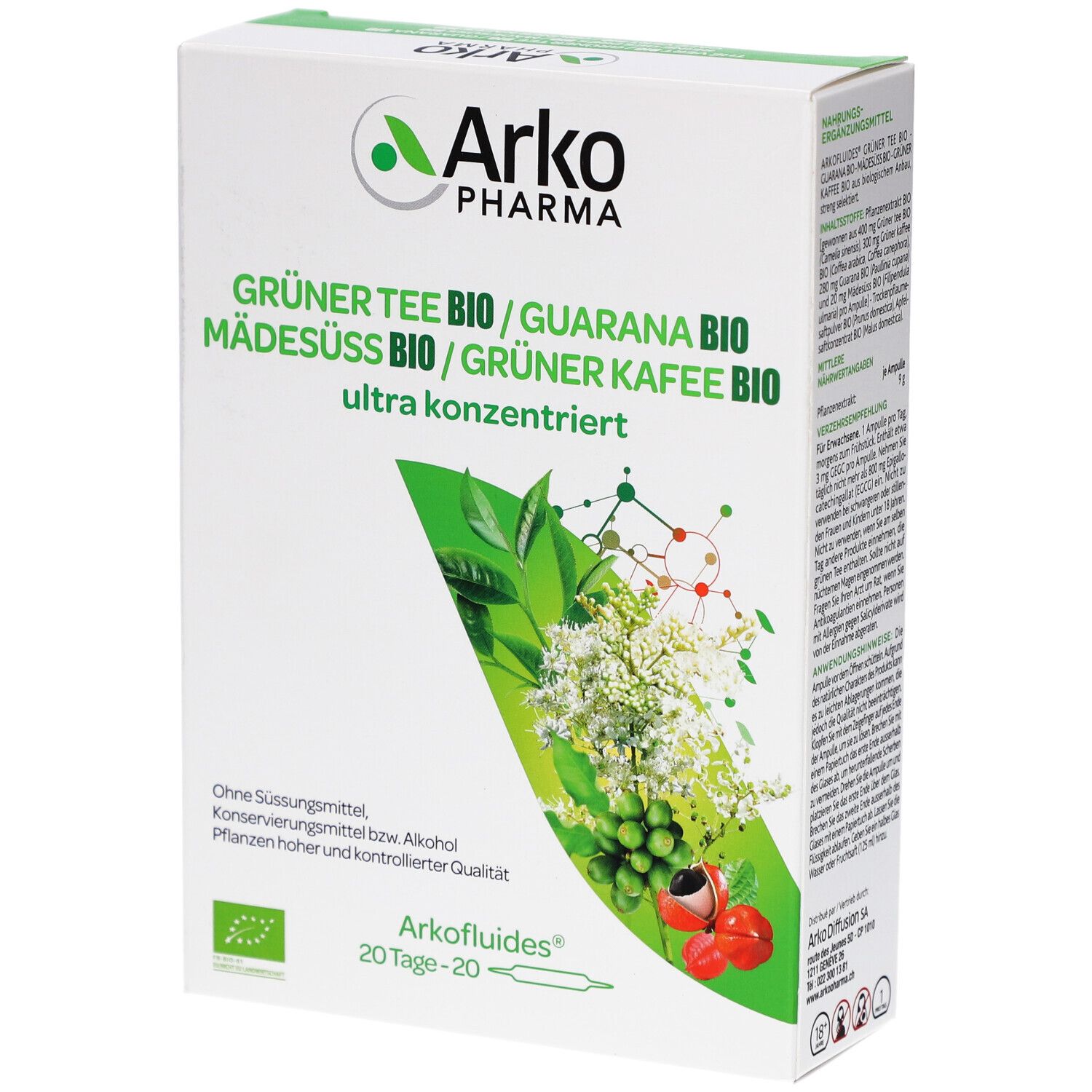 Weiße Schachtel mit grünem Akzent. Aufschrift: Arko Pharma, Grüner Tee Bio, Guarana Bio, Mädesüß Bio, Grüner Kaffee Bio. 20 Trinkampullen.