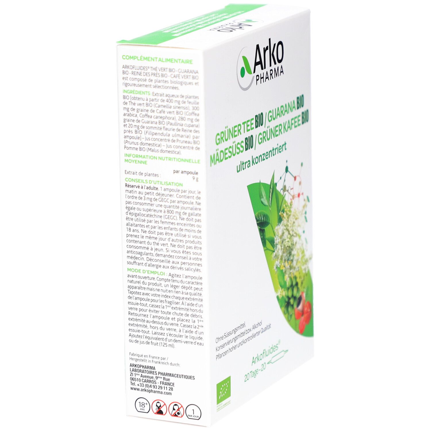 Schachtel mit grünen Akzenten. Aufschrift: Arko Pharma, Grüner Tee Bio, Guarana Bio, Mädesüß Bio, Grüner Kaffee Bio. Text über Inhaltsstoffe und Anwendung.