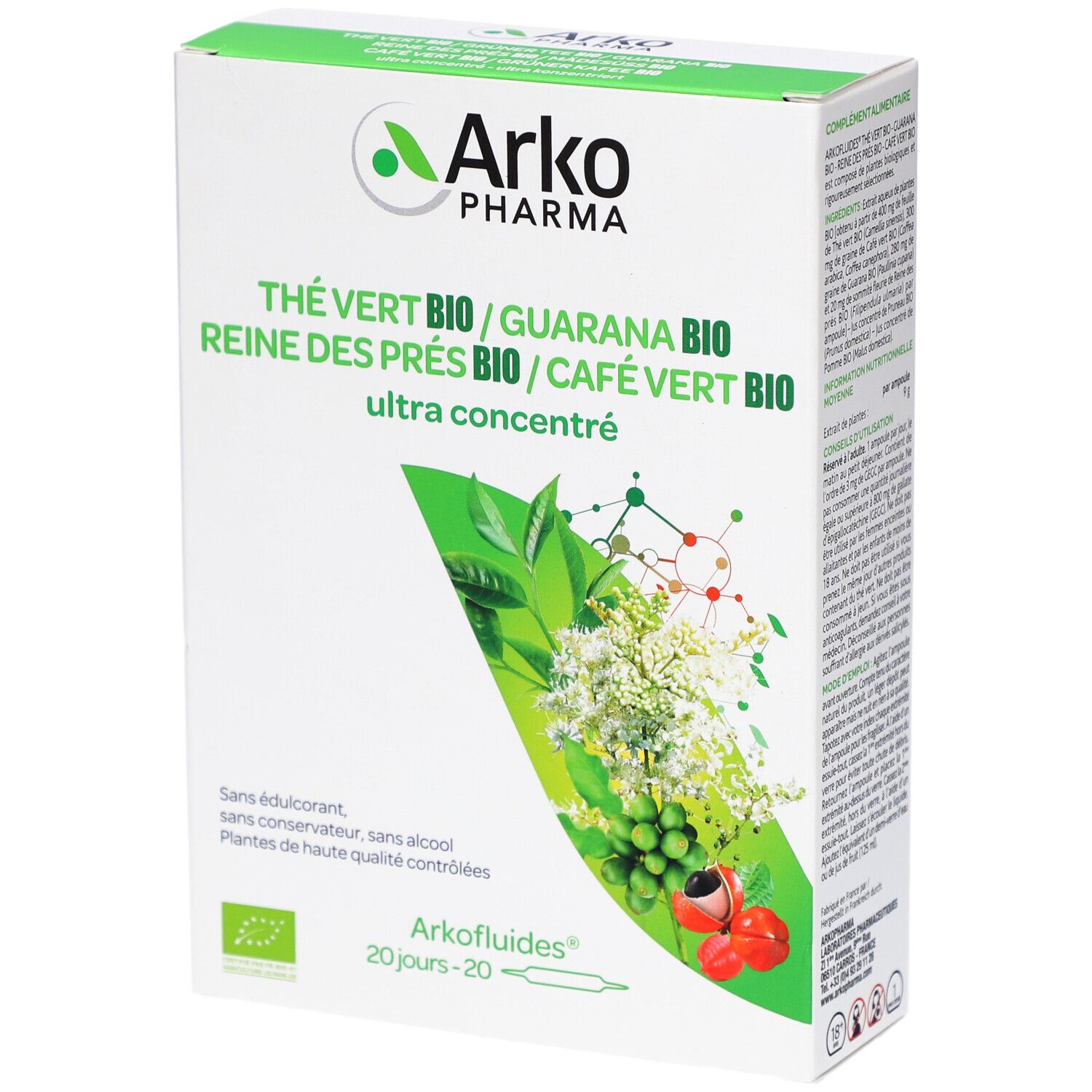 Weiße Schachtel mit grünen Akzenten. Aufschrift: Arko Pharma, Thé Vert Bio, Guarana Bio, Reine des Prés Bio, Café Vert Bio. 20 Trinkampullen.