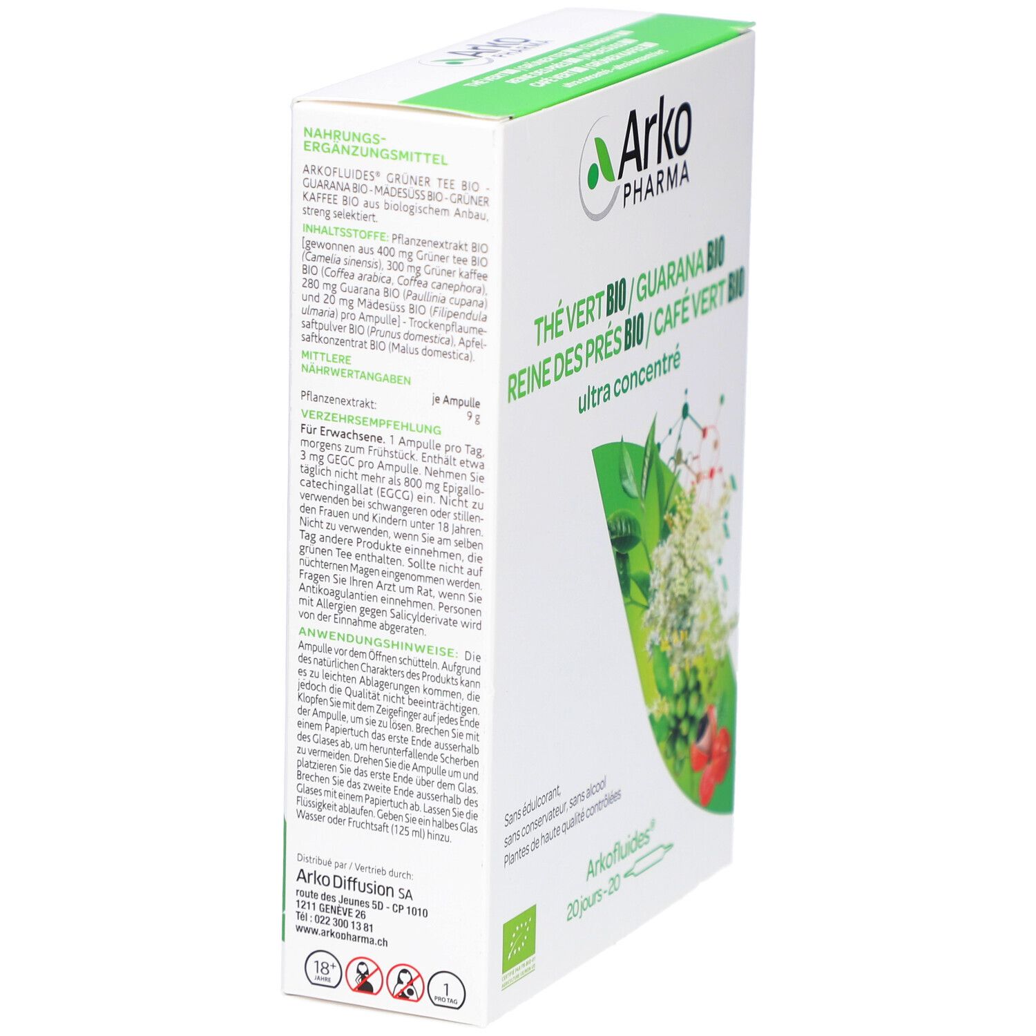 Schachtel mit grünen Akzenten. Aufschrift: Arko Pharma, Thé Vert Bio, Guarana Bio, Reine des Prés Bio, Café Vert Bio. Text über Inhaltsstoffe und Anwendung.