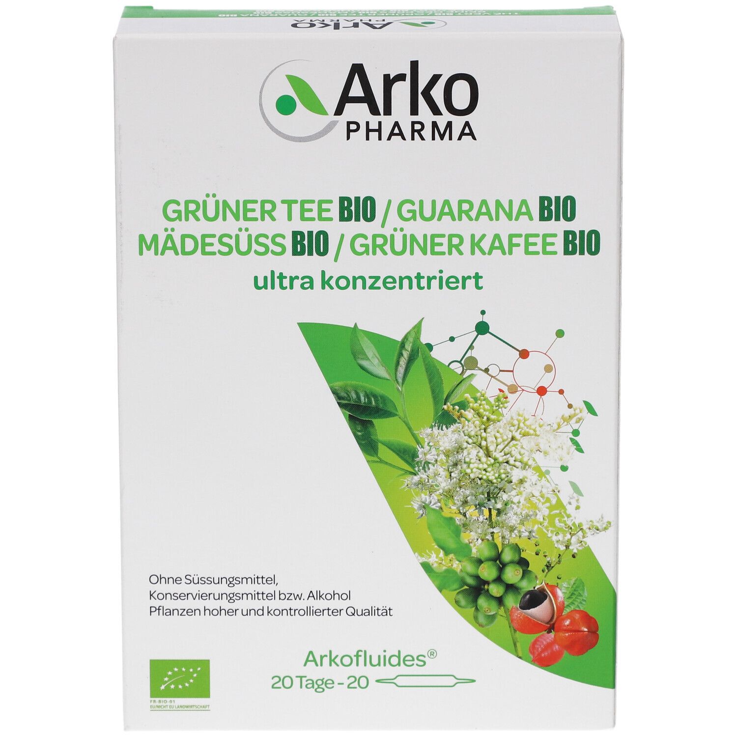 Weiße Schachtel mit grünem Akzent. Aufschrift: Arko Pharma, Grüner Tee Bio, Guarana Bio, Mädesüß Bio, Grüner Kaffee Bio. 20 Trinkampullen.
