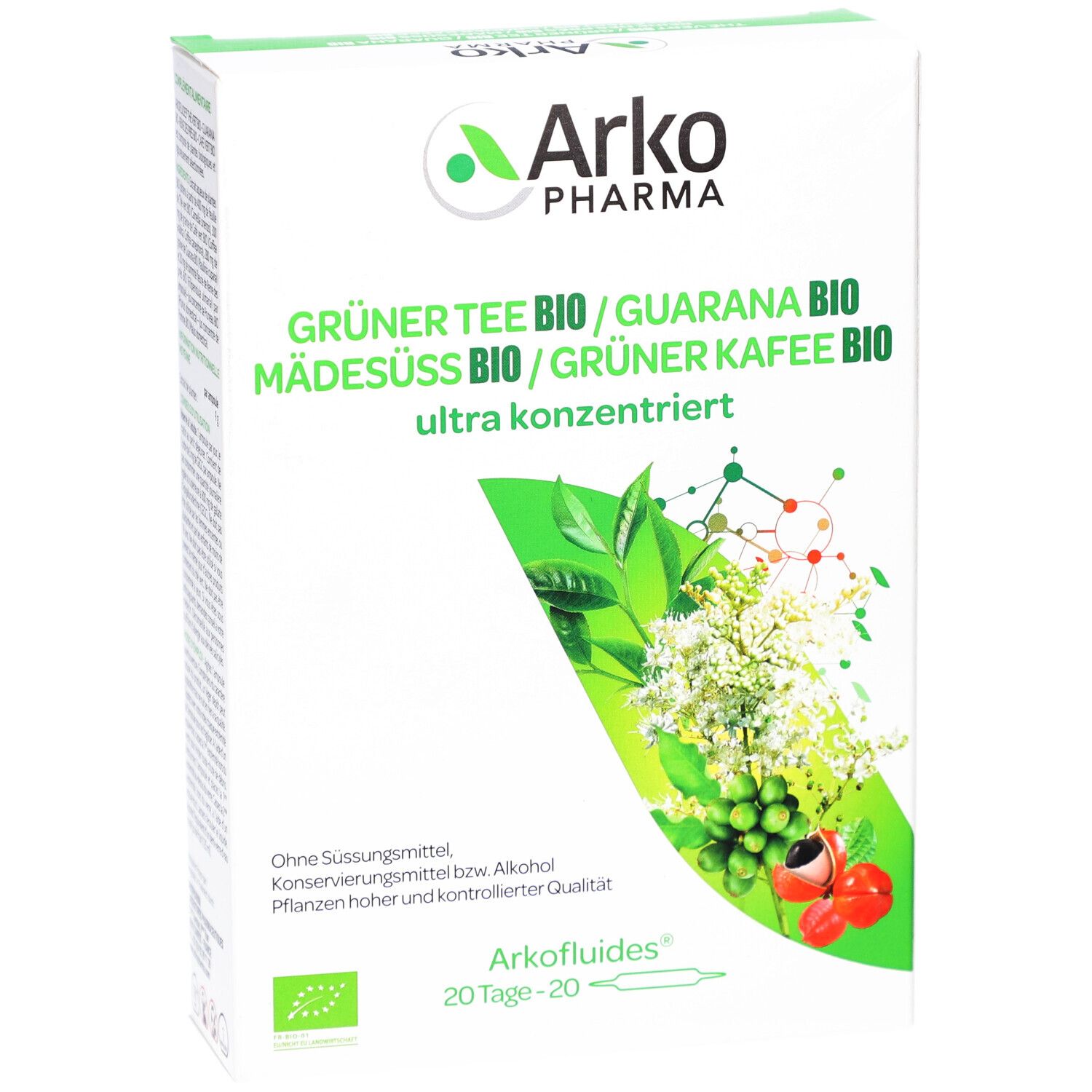 Weiße Schachtel mit grünem Akzent. Aufschrift: Arko Pharma, Grüner Tee Bio, Guarana Bio, Mädesüß Bio, Grüner Kaffee Bio. 20 Trinkampullen.