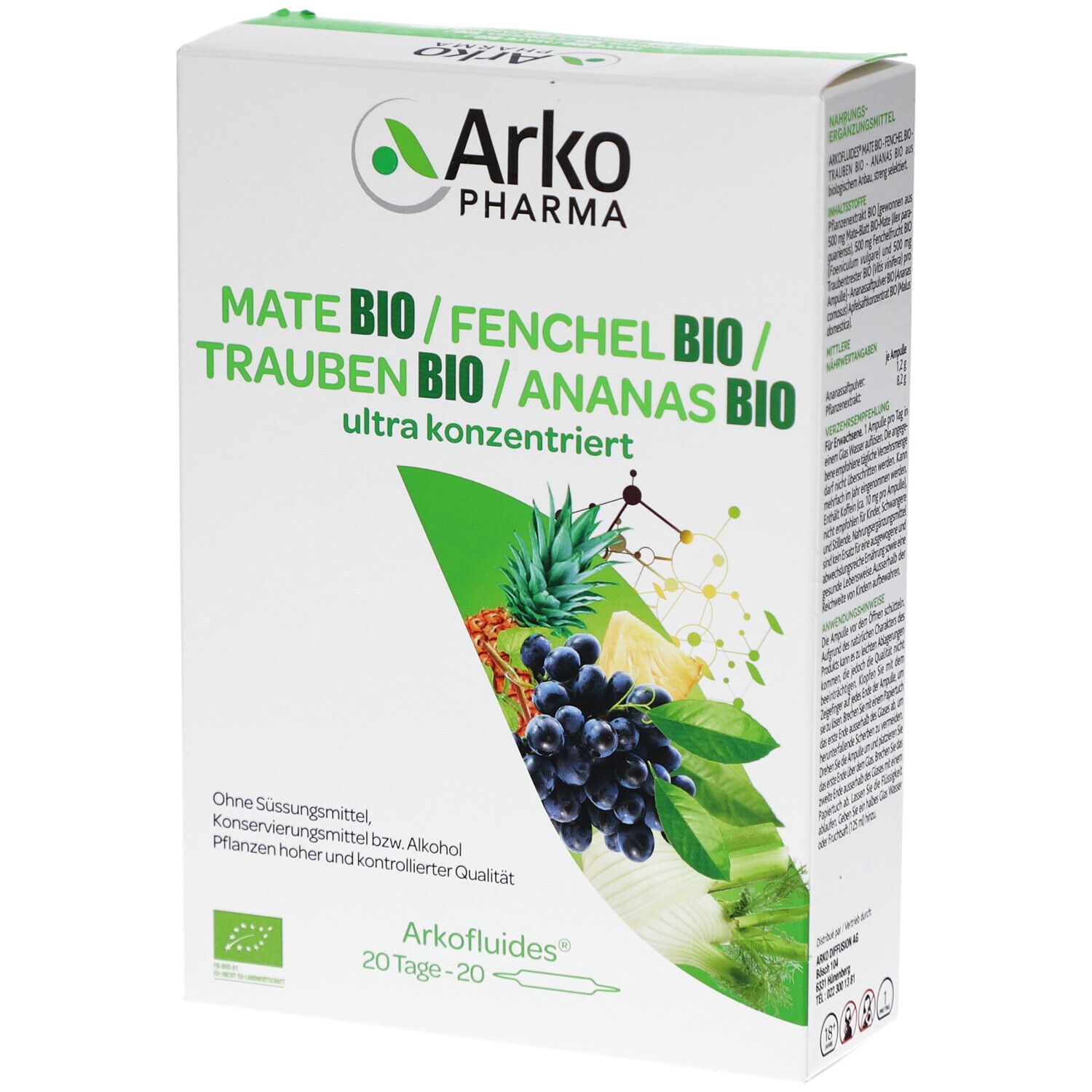 Boîte blanche et verte. Inscription: MATÉ BIO / FENOUIL BIO / RAISIN BIO / ANANAS BIO. Logo Arko Pharma. 20 ampoules.
