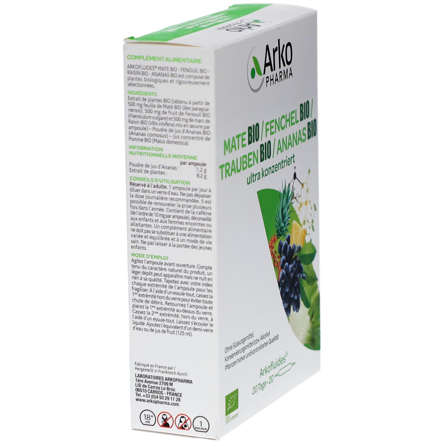Boîte, vue latérale. Inscription: MATÉ BIO / FENOUIL BIO / RAISIN BIO / ANANAS BIO. Logo Arko Pharma. Texte et informations.
