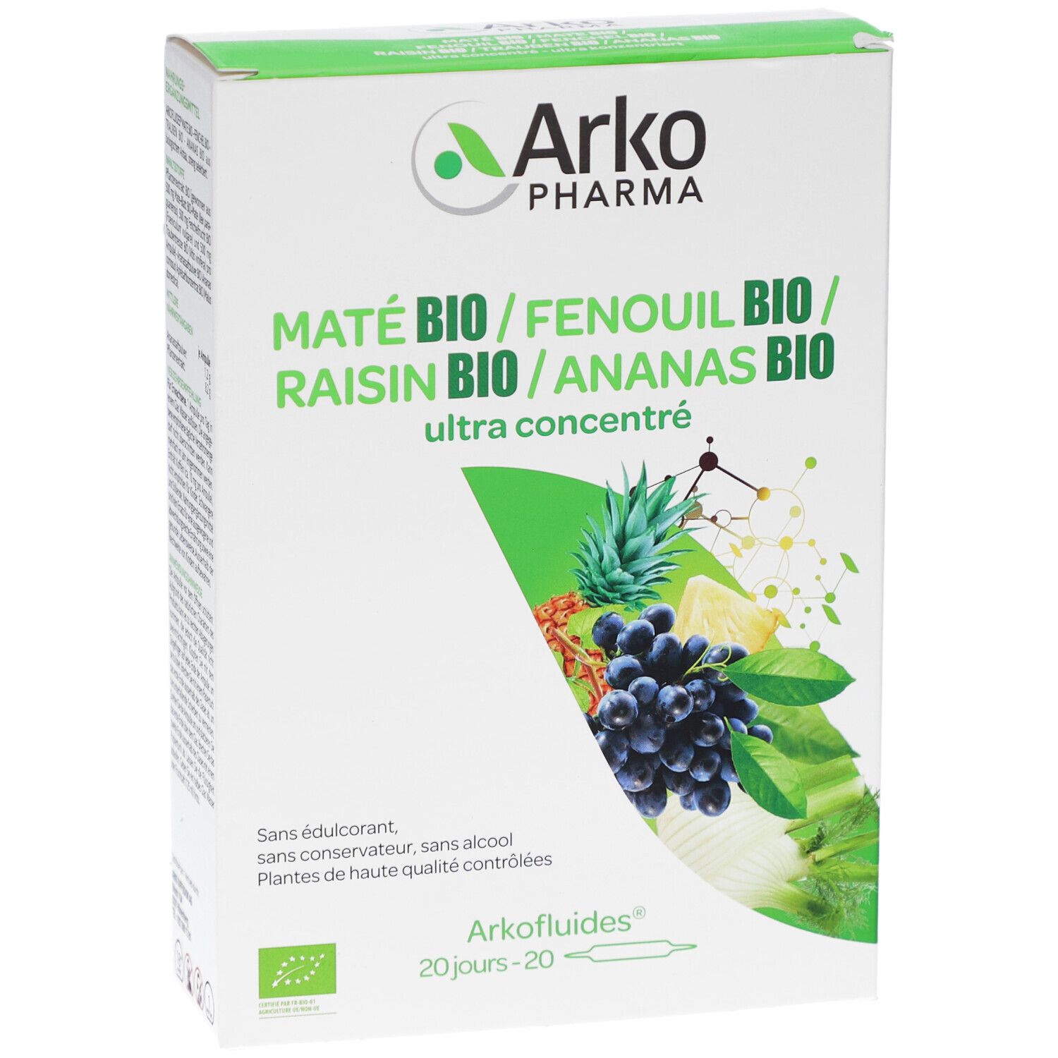 Boîte blanche et verte. Inscription: MATÉ BIO / FENOUIL BIO / RAISIN BIO / ANANAS BIO. Logo Arko Pharma. 20 ampoules.