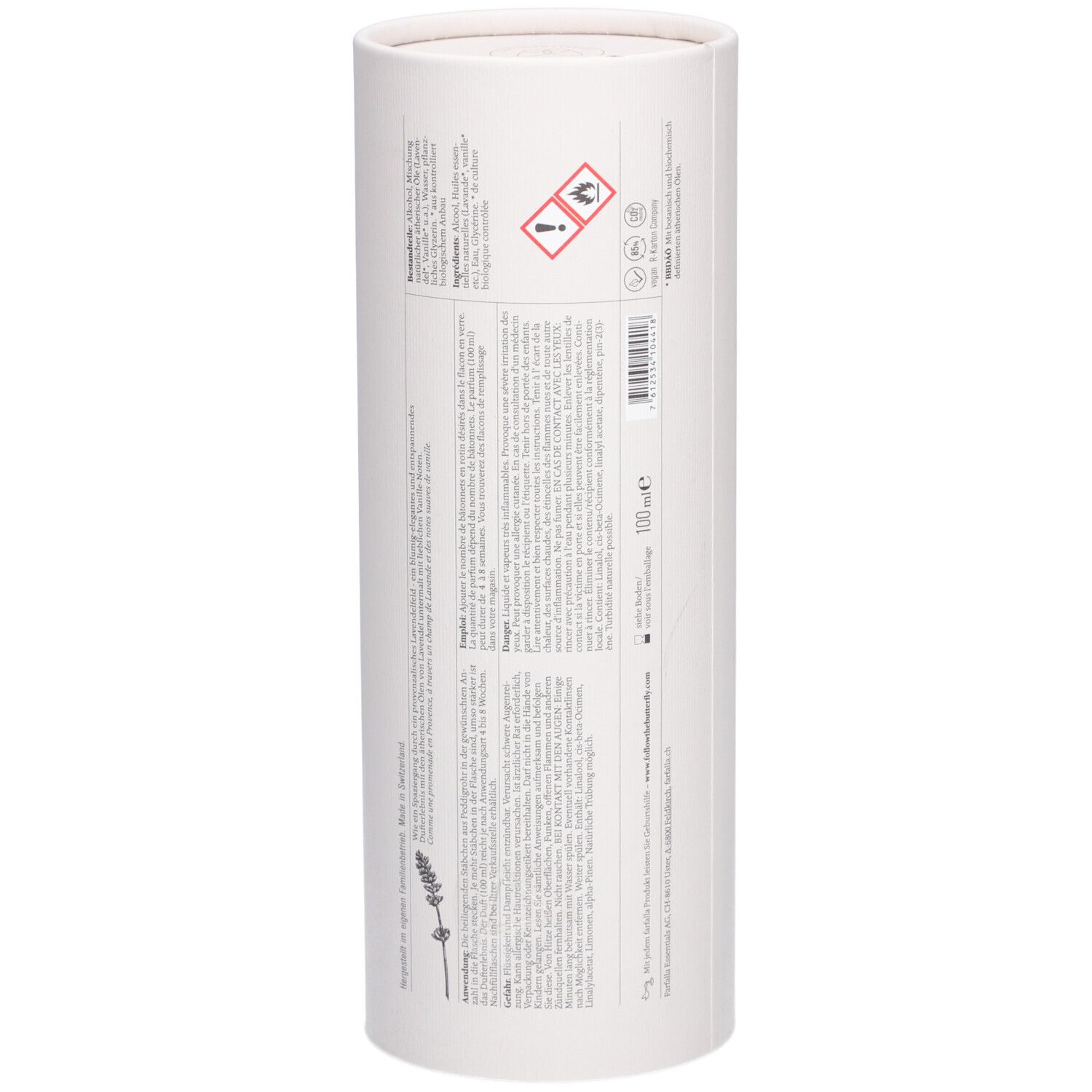 Rückseite der zylindrischen Verpackung. Text in mehreren Sprachen. Gefahrensymbole und Informationen zur Herstellung.