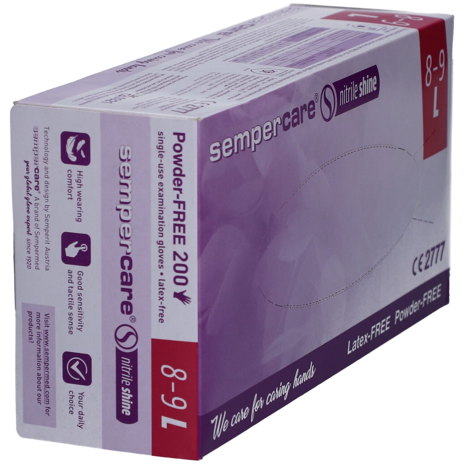 Kartonbox mit Handschuhen. Aufschrift: sempercare®, Nitrile shine, Latex-FREE, Powder-FREE. Größe L, 8-9.
