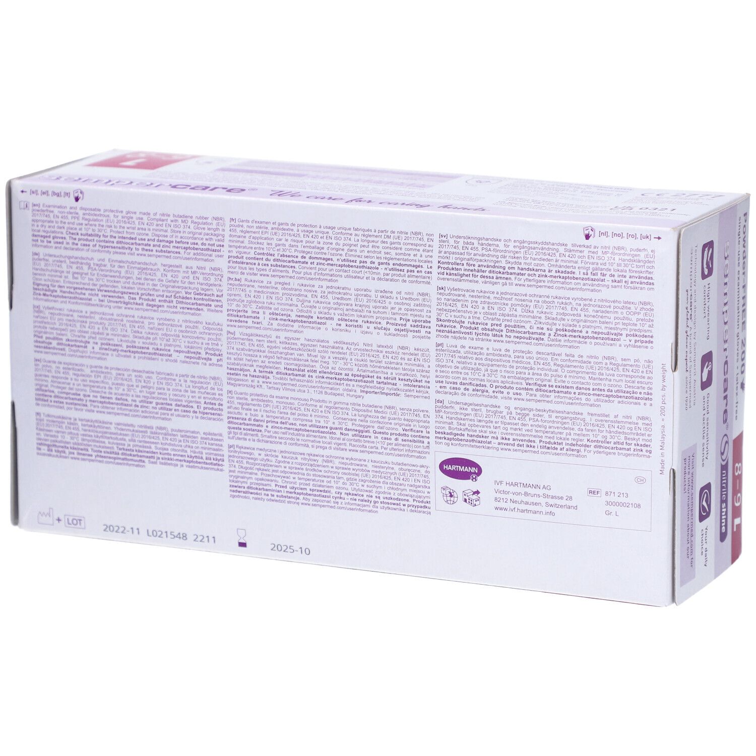 Rückseite einer Kartonbox mit Handschuhen. Text in mehreren Sprachen. Aufschrift: sempercare®.