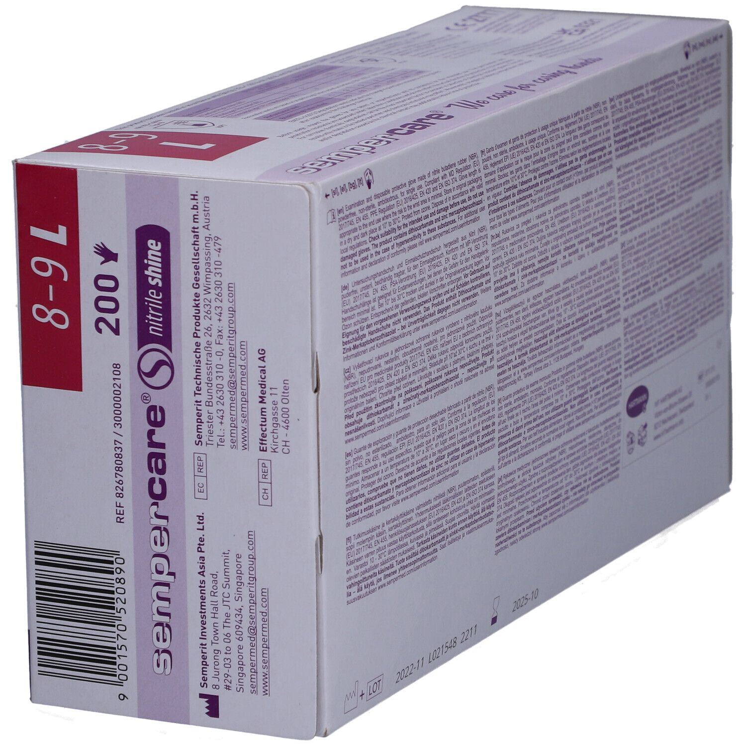 Rückseite einer Kartonbox mit Handschuhen. Text in mehreren Sprachen. Aufschrift: sempercare®.