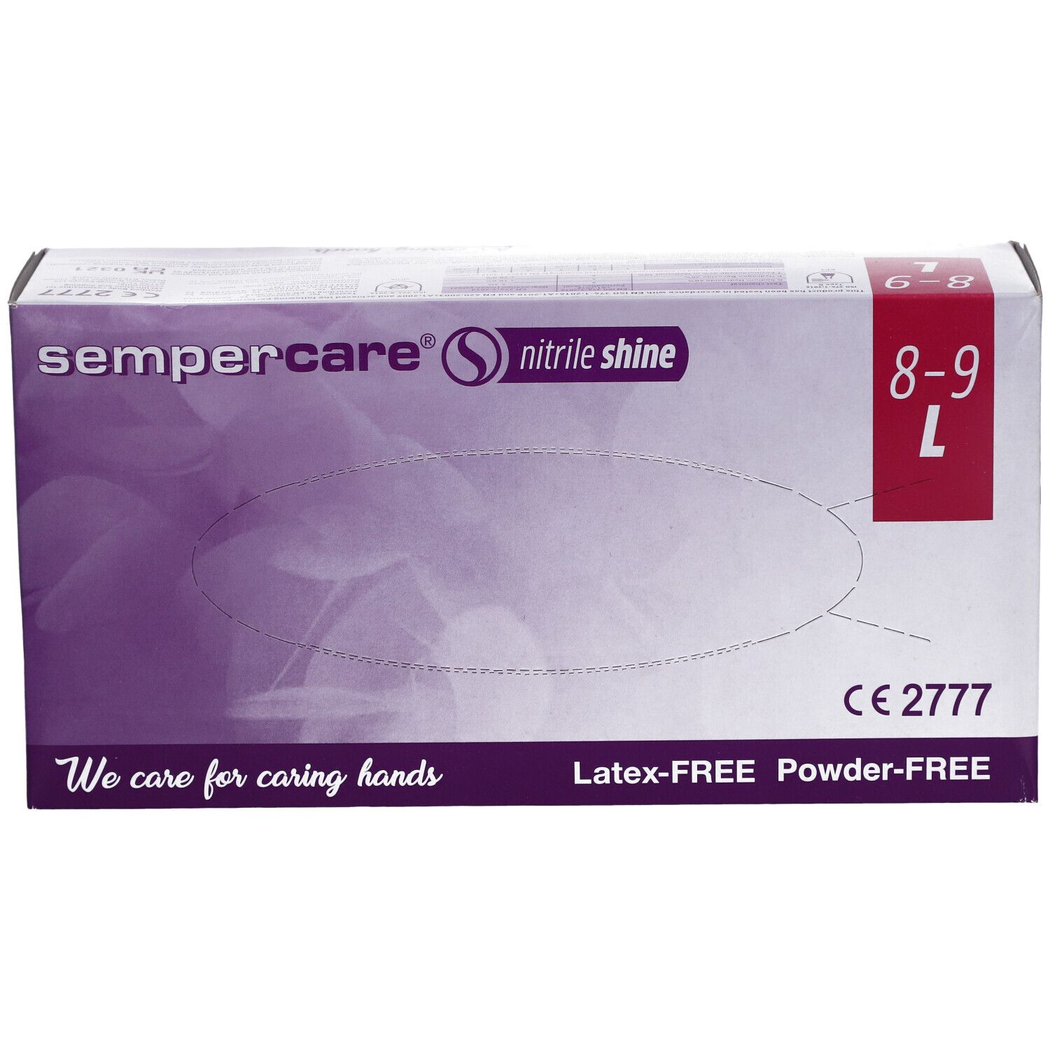 Weiße Kartonbox mit Handschuhen. Aufschrift: sempercare®, Nitrile shine, Latex-FREE, Powder-FREE. Größe L, 8-9.