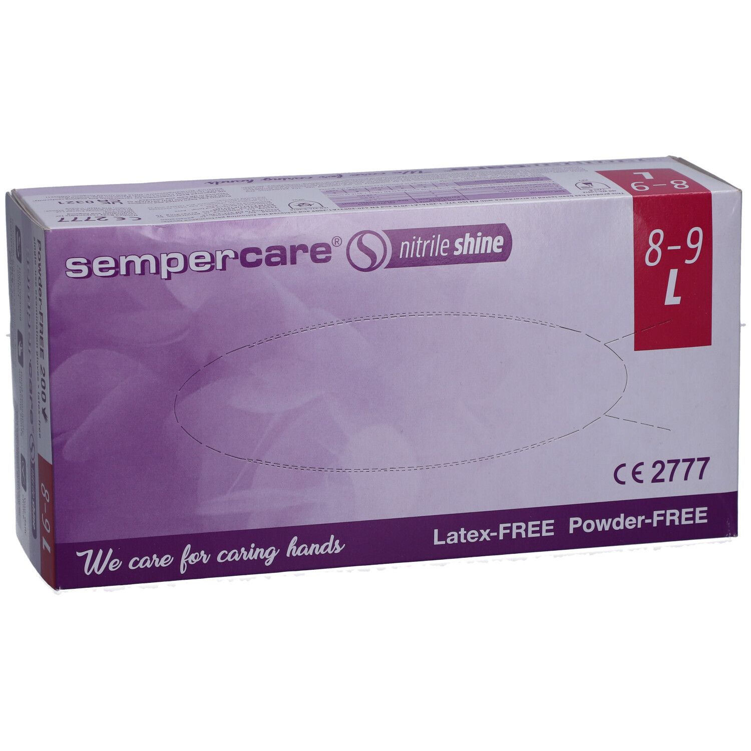 Weiße Kartonbox mit Handschuhen. Aufschrift: sempercare®, Nitrile shine, Latex-FREE, Powder-FREE. Größe L, 8-9.