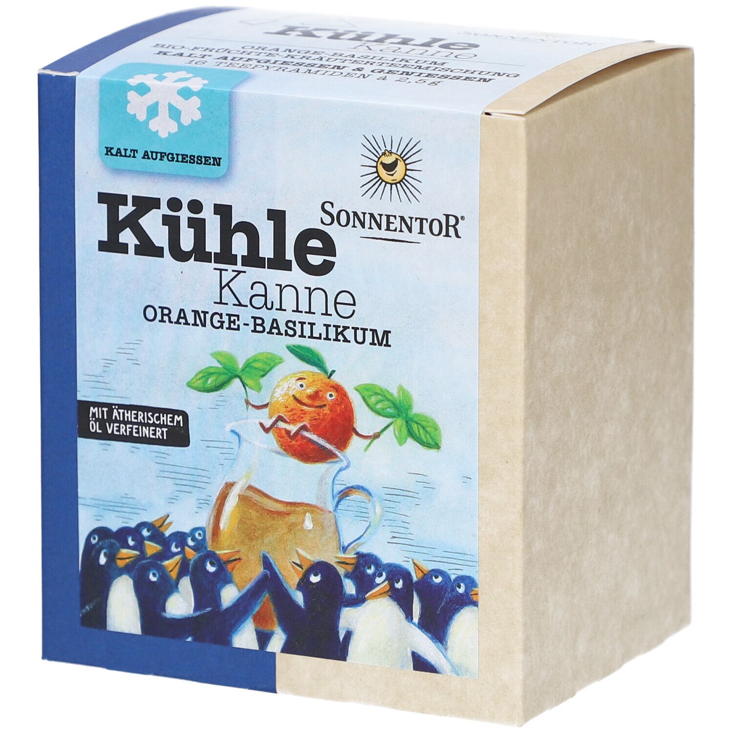 Boîte avec impression. Inscription : Kühle Kanne Orange-Basilikum. Illustration : orange avec feuilles de basilic dans une tasse, pingouins.