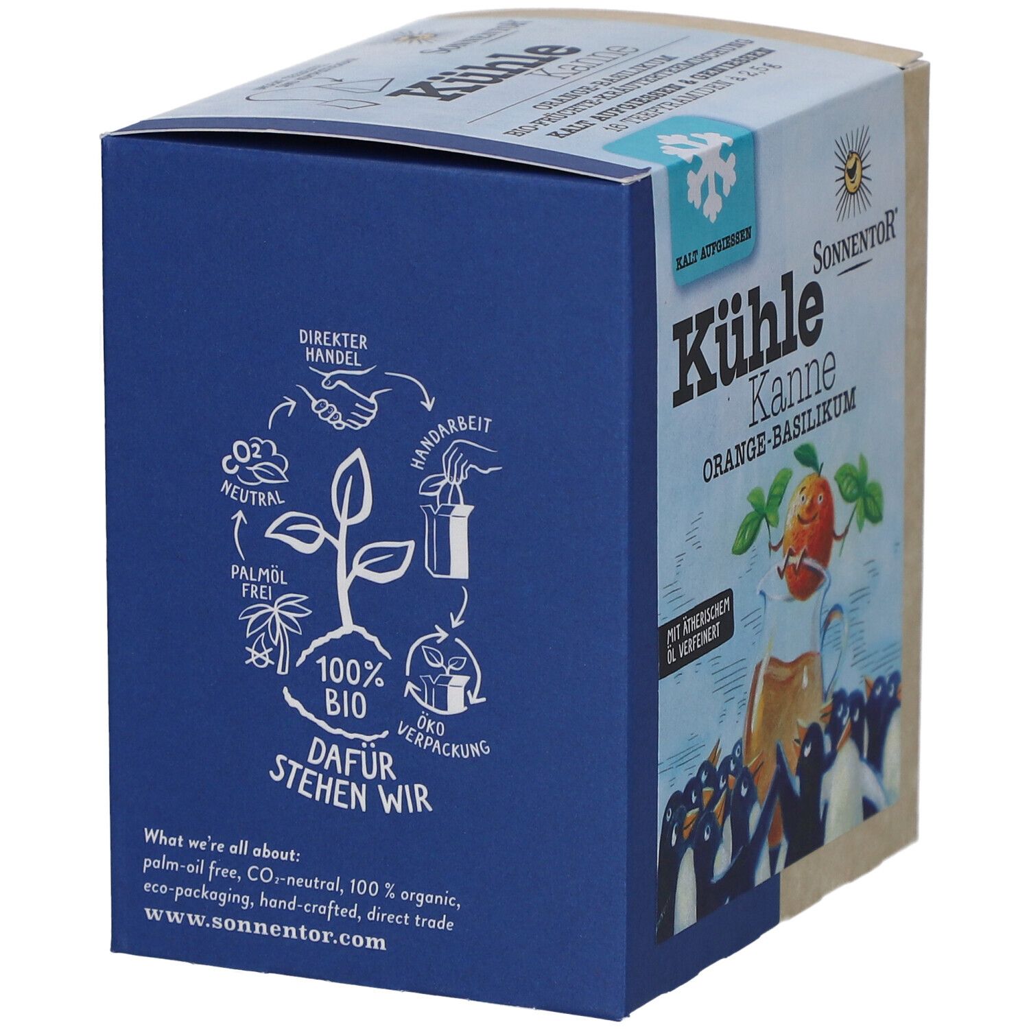 Côté bleu de l'emballage. Texte : 100% Bio, sans huile de palme, neutre en CO2, etc. Illustration : plante avec feuilles. Logo : SonnentoR.