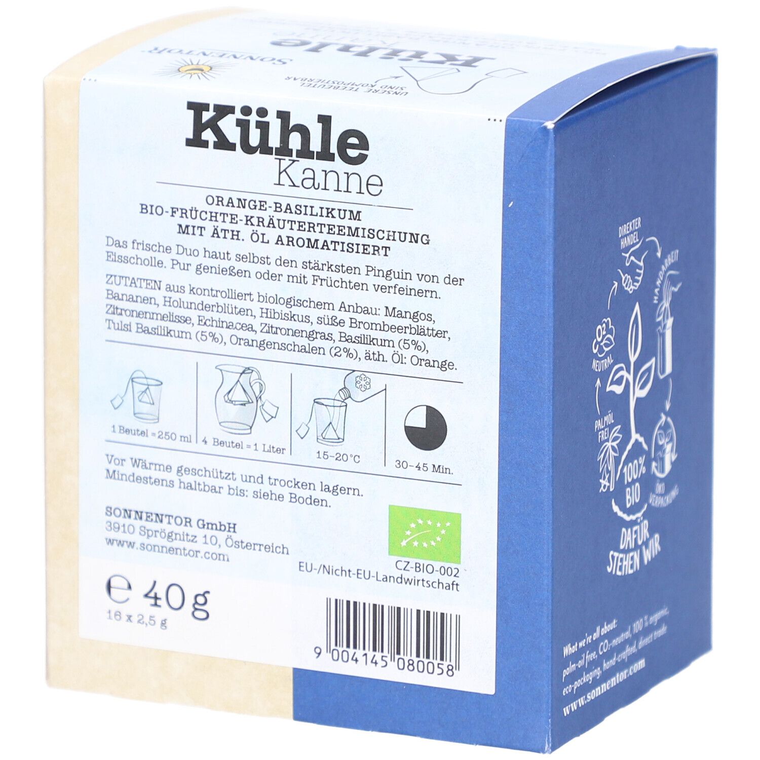 Emballage avec texte et illustrations. Texte : ingrédients, préparation, durée de conservation minimale. Logo : label bio UE. Poids : 40g.