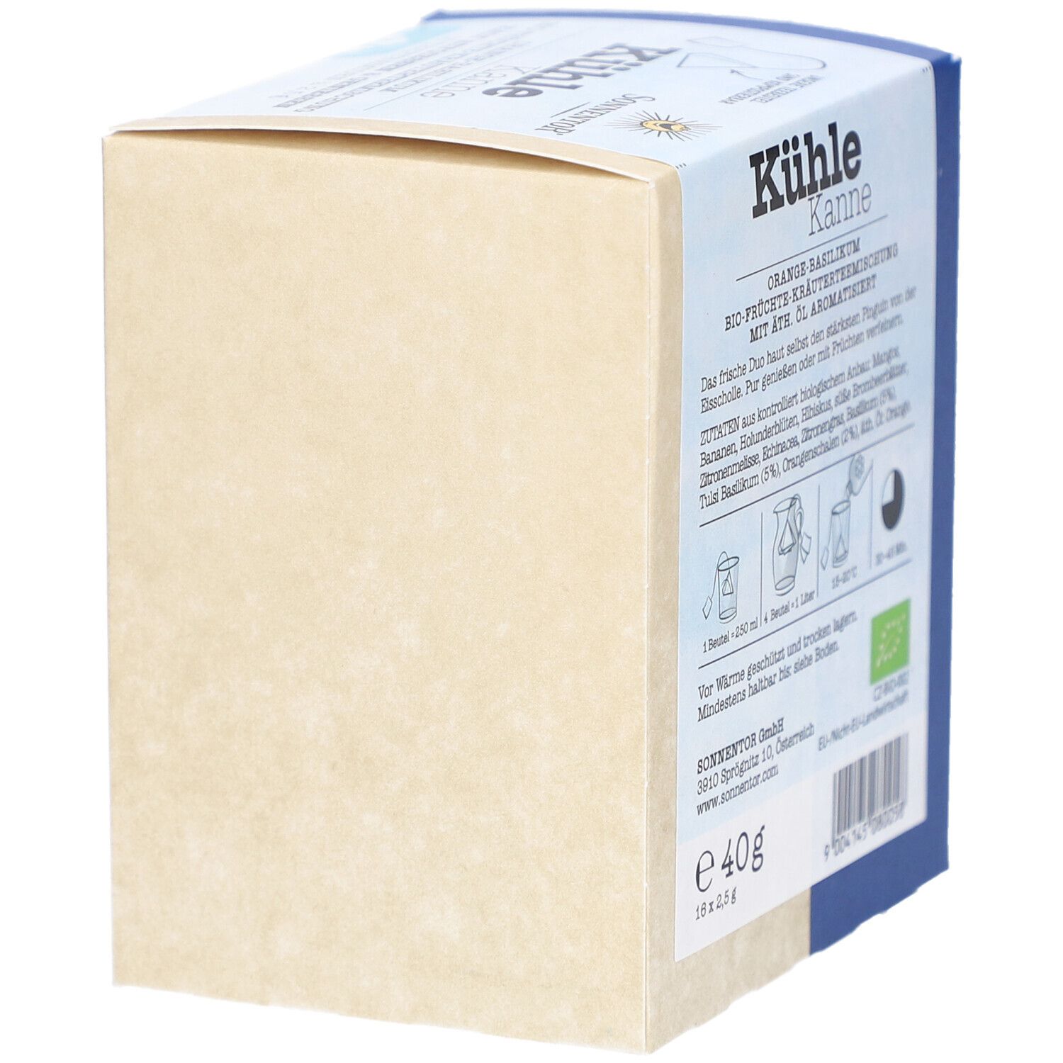 Emballage, partiellement étiqueté. Texte : Kühle Kanne Orange-Basilikum. Illustrations : préparation. Logo : SonnentoR. Label bio UE.