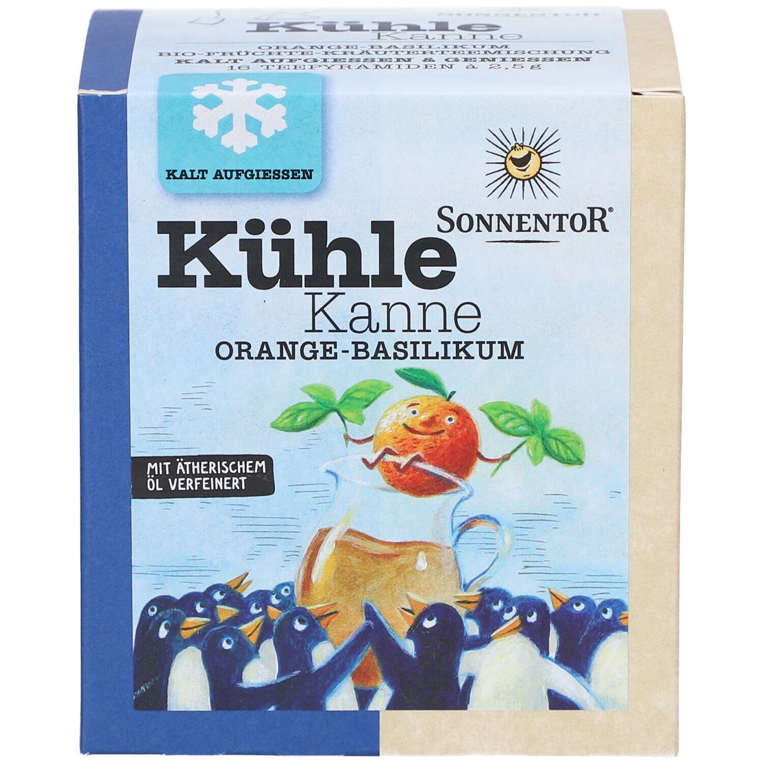 Boîte avec impression. Inscription : Kühle Kanne Orange-Basilikum. Illustration : orange avec feuilles de basilic dans une tasse, pingouins. Logo : SonnentoR.