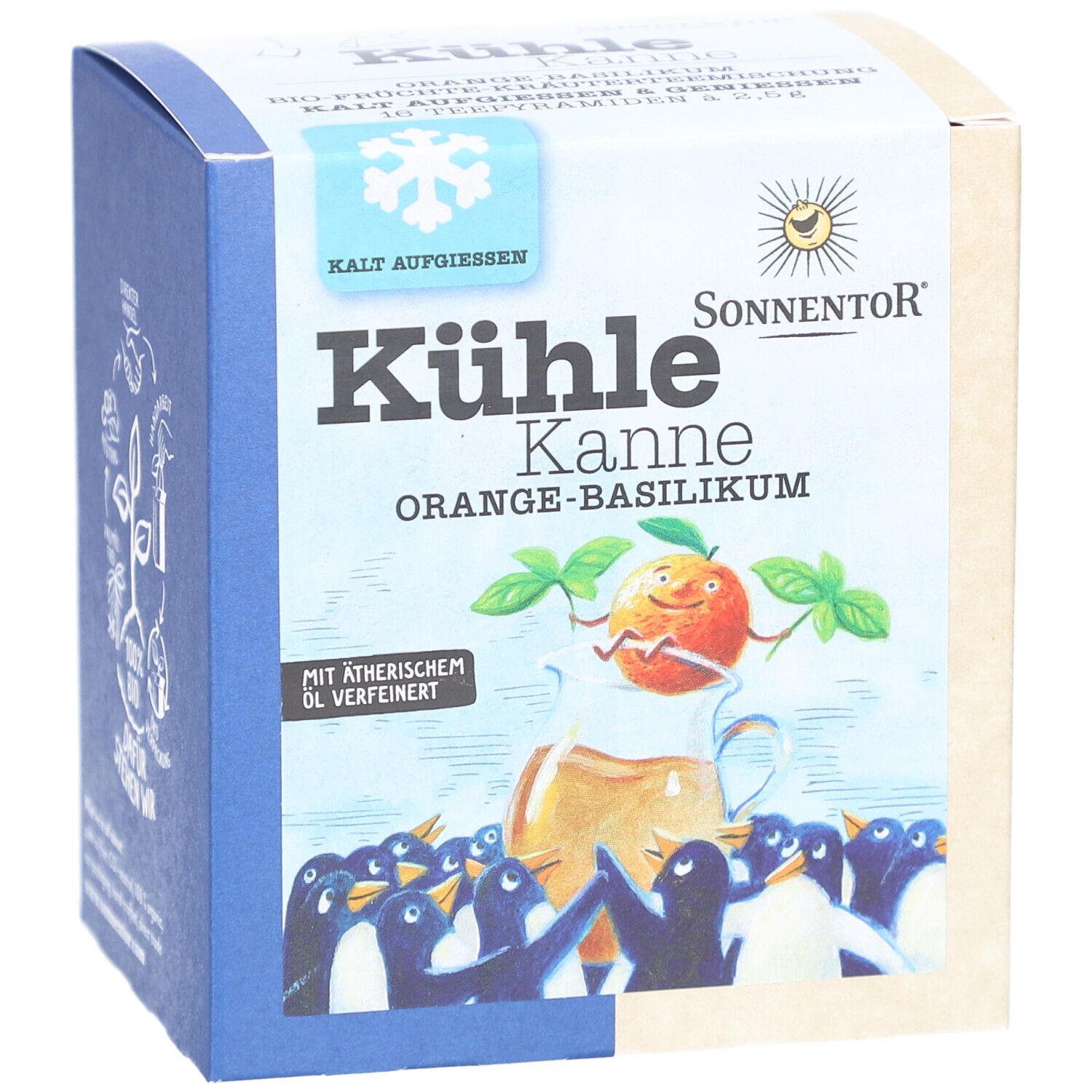 Boîte avec impression. Inscription : Kühle Kanne Orange-Basilikum. Illustration : orange avec feuilles de basilic dans une tasse, pingouins. Logo : SonnentoR.