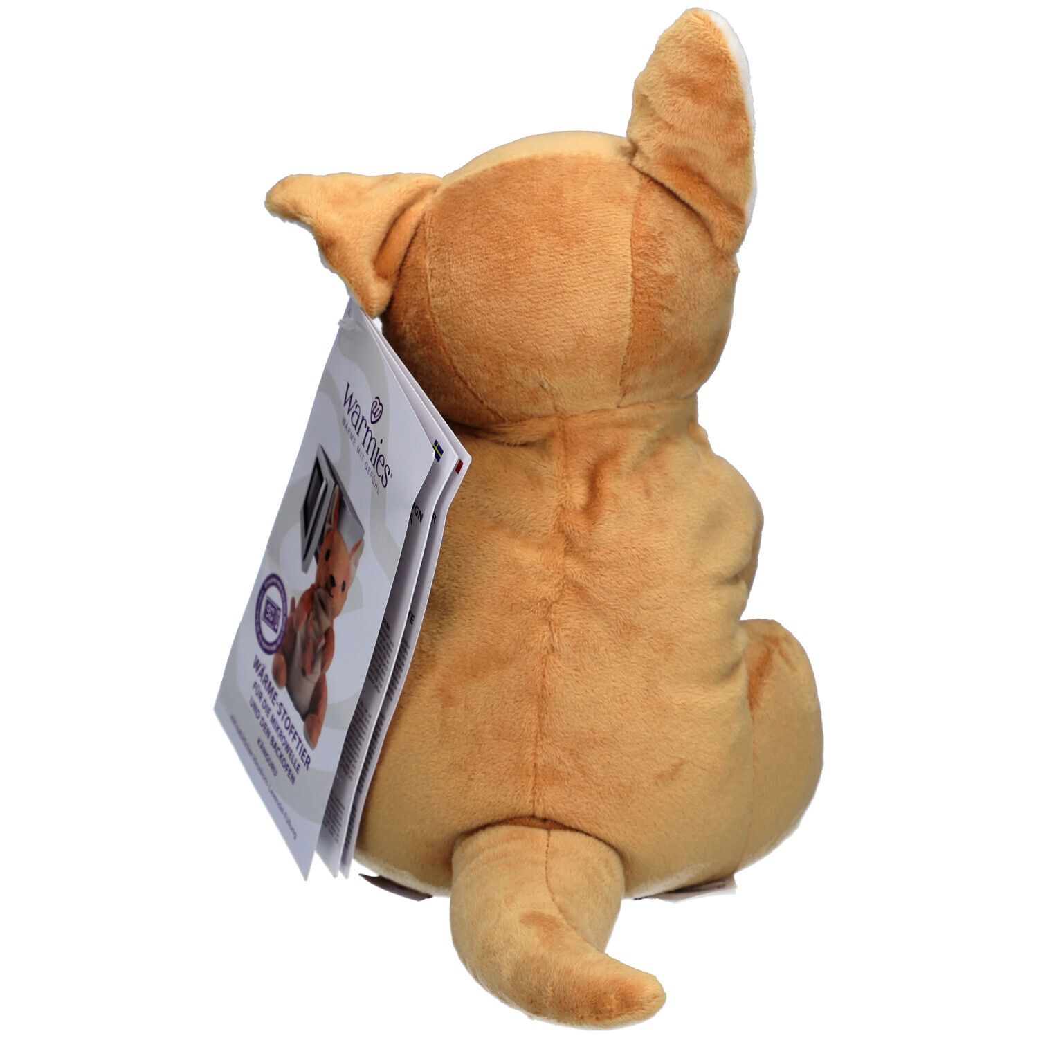 Rückansicht des Känguru-Plüschtiers. Beige-braun. Mit Etikett.