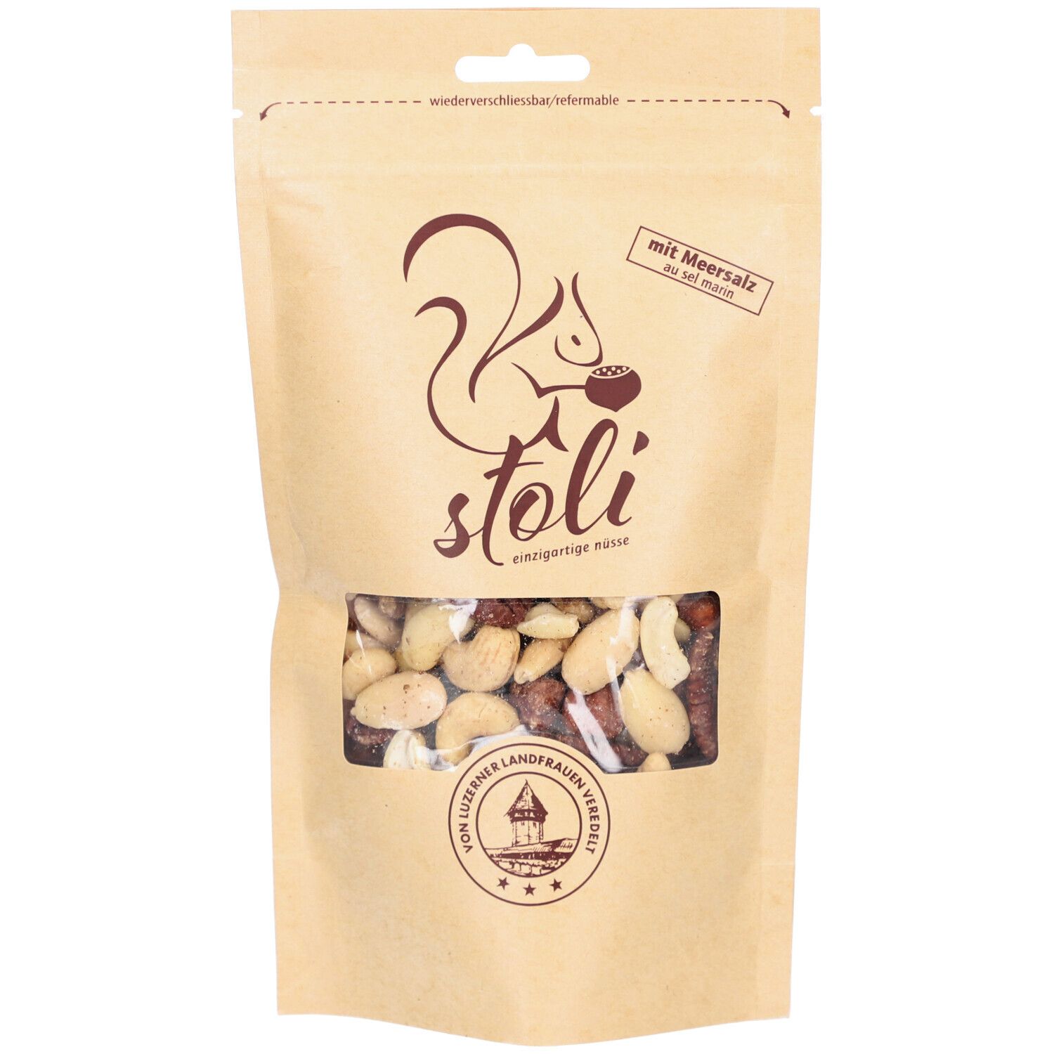 Beutel STOLI Nuss-Mix deluxe mit Meersalz. Sichtfenster zeigt Nussmischung. Logo: Eichhörnchen. Text: "mit Meersalz".