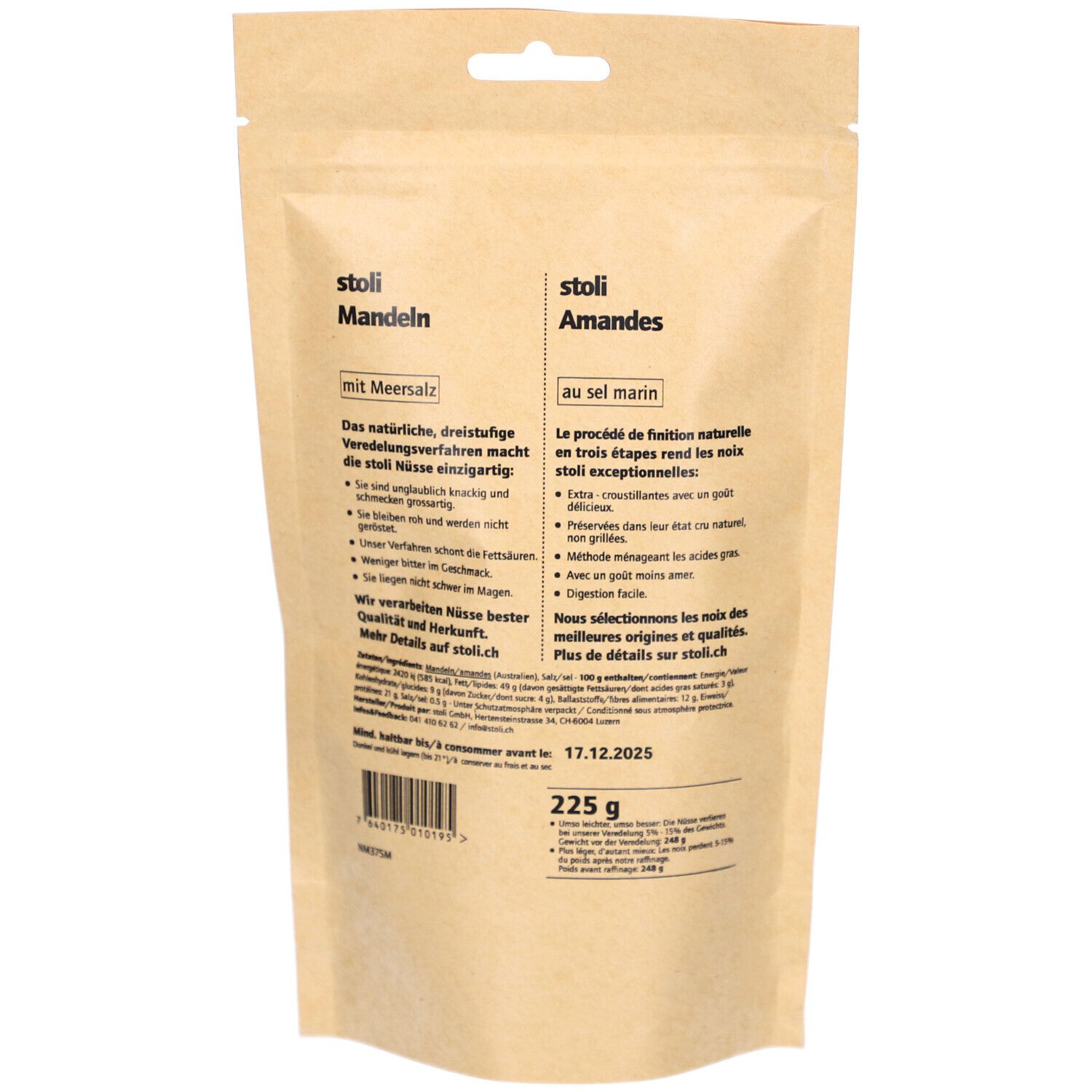Rückseite des Beutels. Text 'stoli Mandeln' und 'stoli Amandes'. Angaben zu Inhaltsstoffen und Haltbarkeit. Gewicht 225 g.