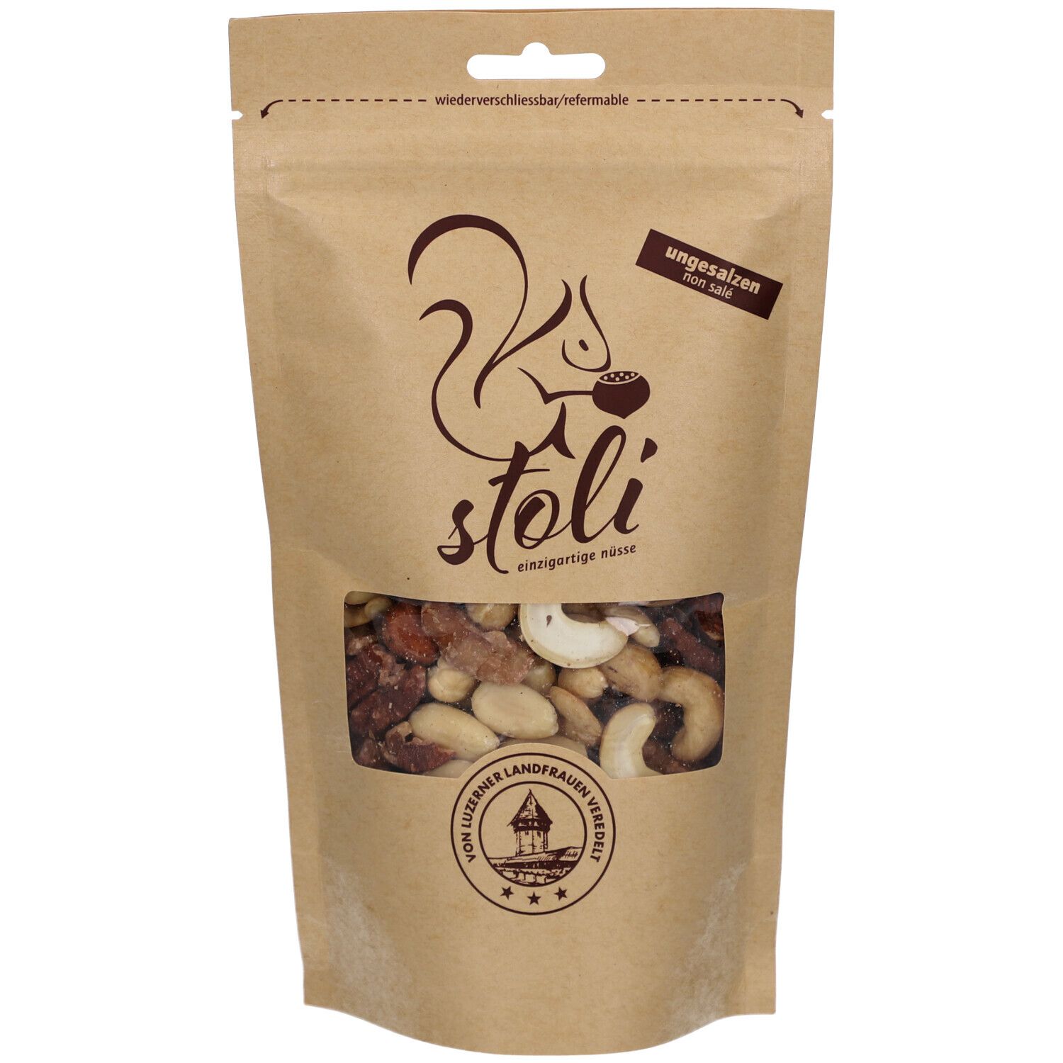 Sachet STOLI Nuss-Mix deluxe non salé. Fenêtre transparente montrant des noix. Logo : écureuil avec noix.