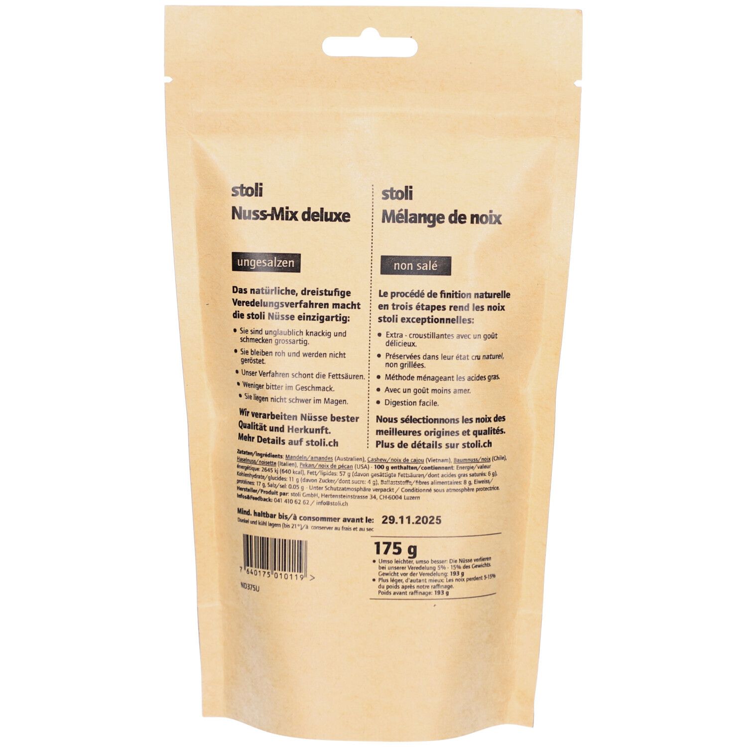 Dos du paquet STOLI Nuss-Mix deluxe. Texte : non salé, 175 g, date de péremption.