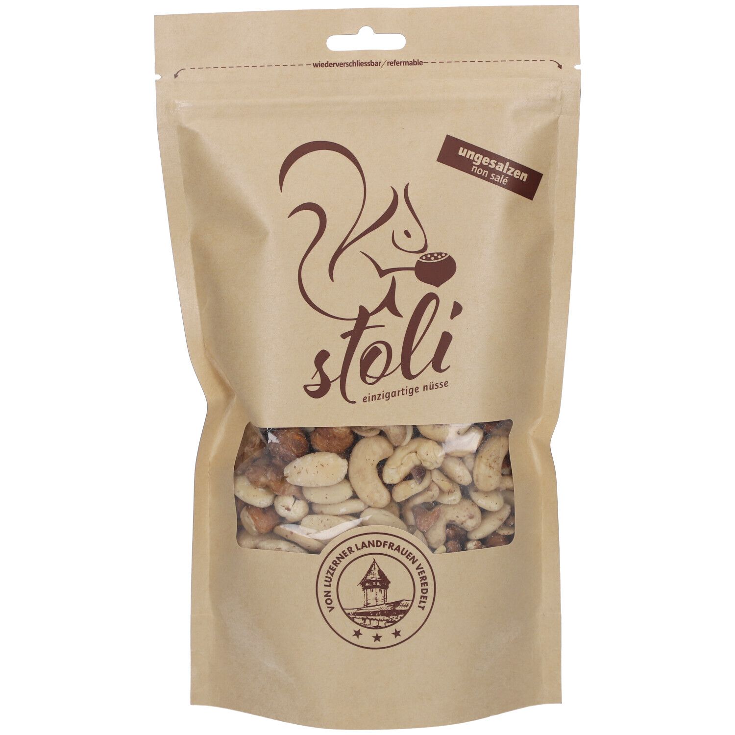 Sachet STOLI Nuss-Mix deluxe non salé marron avec fenêtre. Logo écureuil, inscription 'ungesalzen'.