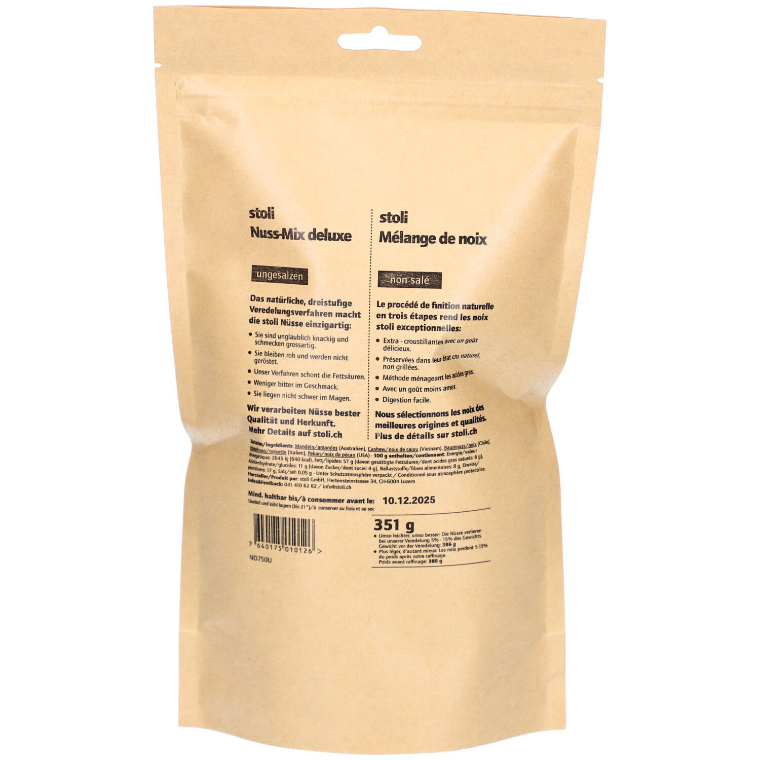 Dos du paquet STOLI Nuss-Mix deluxe. Nom du produit, informations nutritionnelles, texte en allemand et français, poids 351 g.
