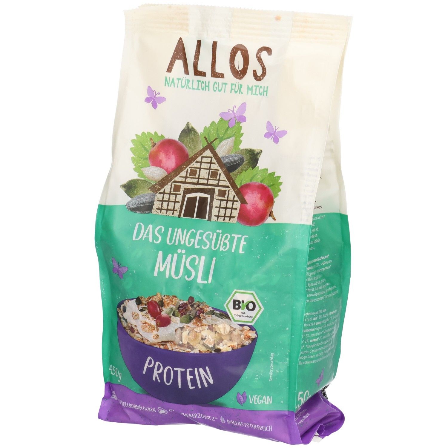 Verpackung von ALLOS Bio Protein Müsli ungesüßt. Grün-weiße Tüte mit Produktabbildung und Logo. Enthält Bio-Siegel und Vegan-Hinweis.