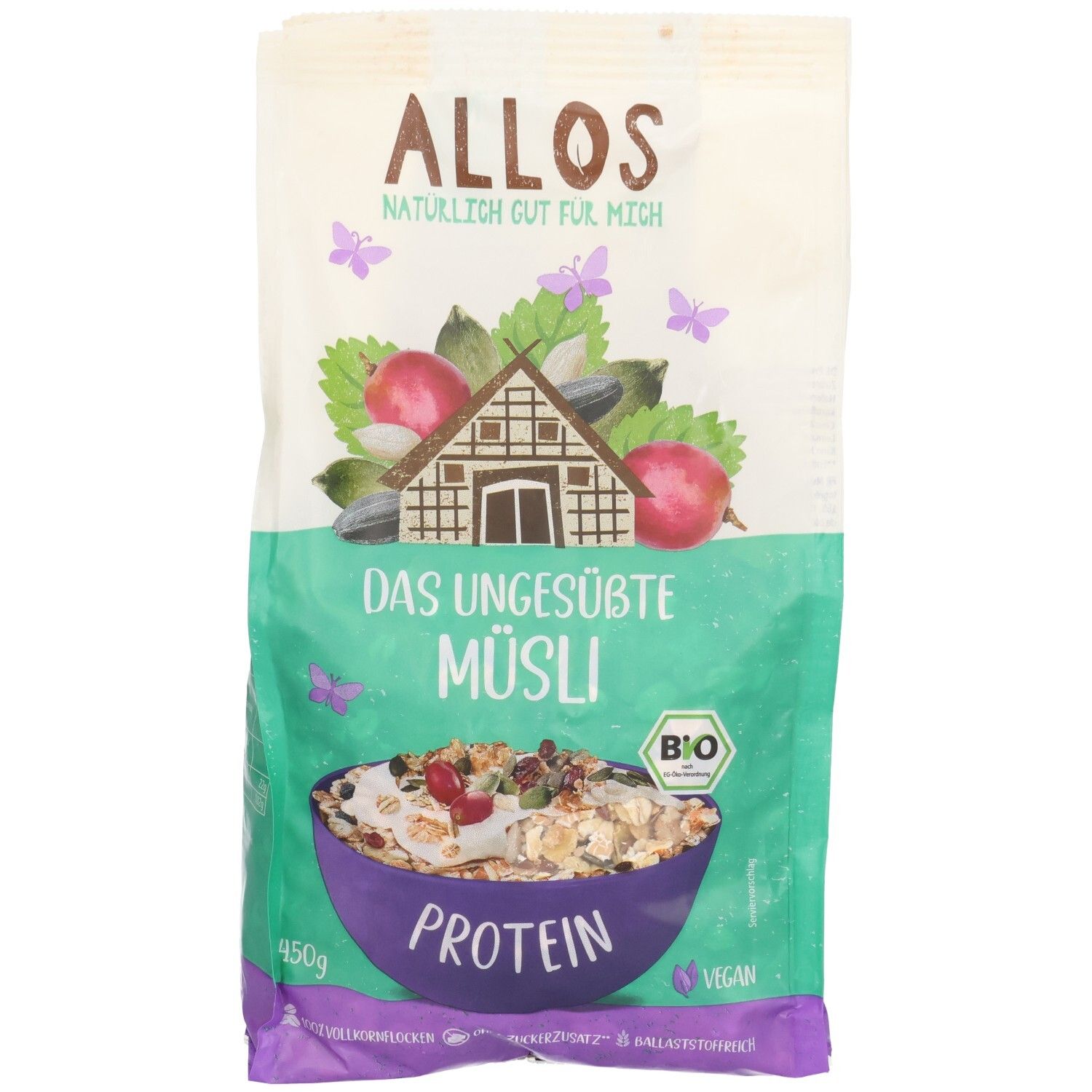 Verpackung von ALLOS Bio Protein Müsli ungesüßt. Grün-weiße Tüte mit Produktabbildung und Logo. Enthält Bio-Siegel und Vegan-Hinweis.