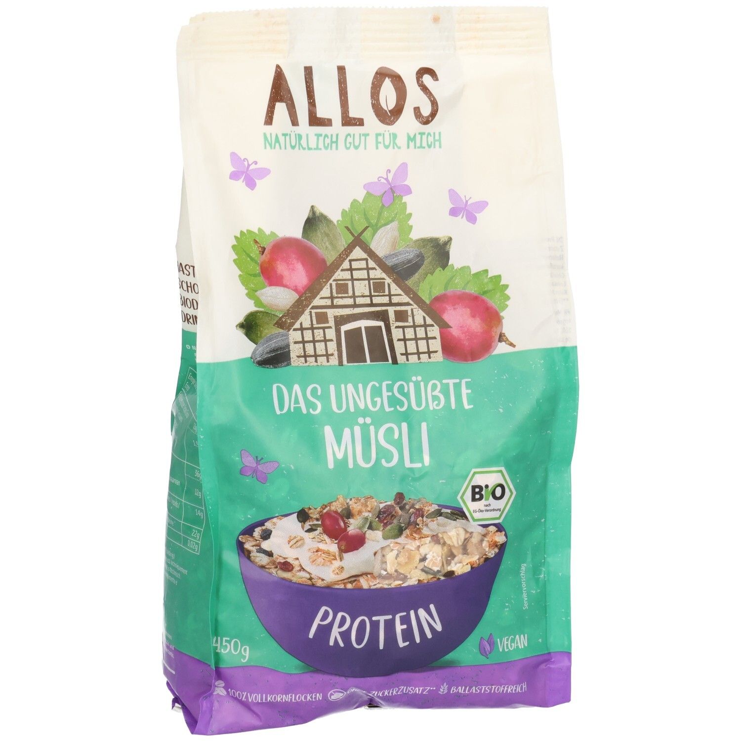 Verpackung von ALLOS Bio Protein Müsli ungesüßt. Grün-weiße Tüte mit Produktabbildung und Logo. Enthält Bio-Siegel und Vegan-Hinweis.