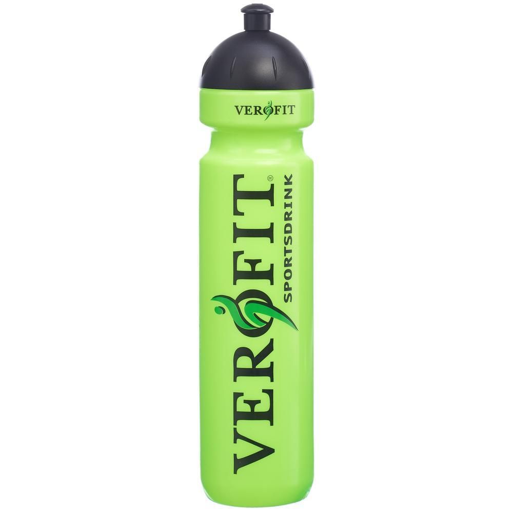 Bouteille de sport vert vif avec bouchon noir et inscription 'VEROFIT SPORTSDRINK'.