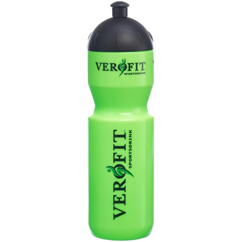 Helle grüne Sportflasche mit schwarzem Deckel und VEROFIT-Logo.