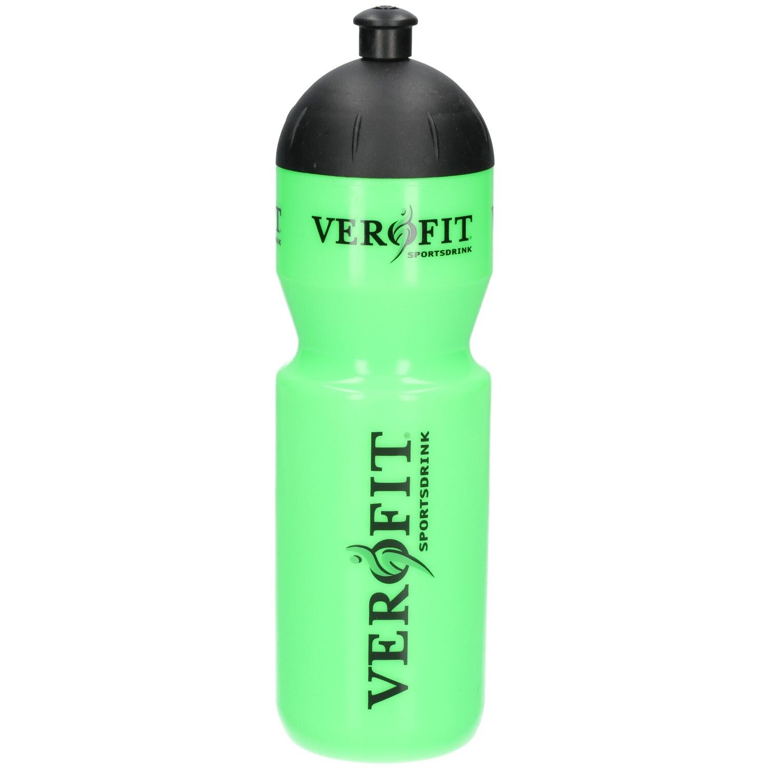 Helle grüne Sportflasche mit schwarzem Deckel und VEROFIT-Logo.