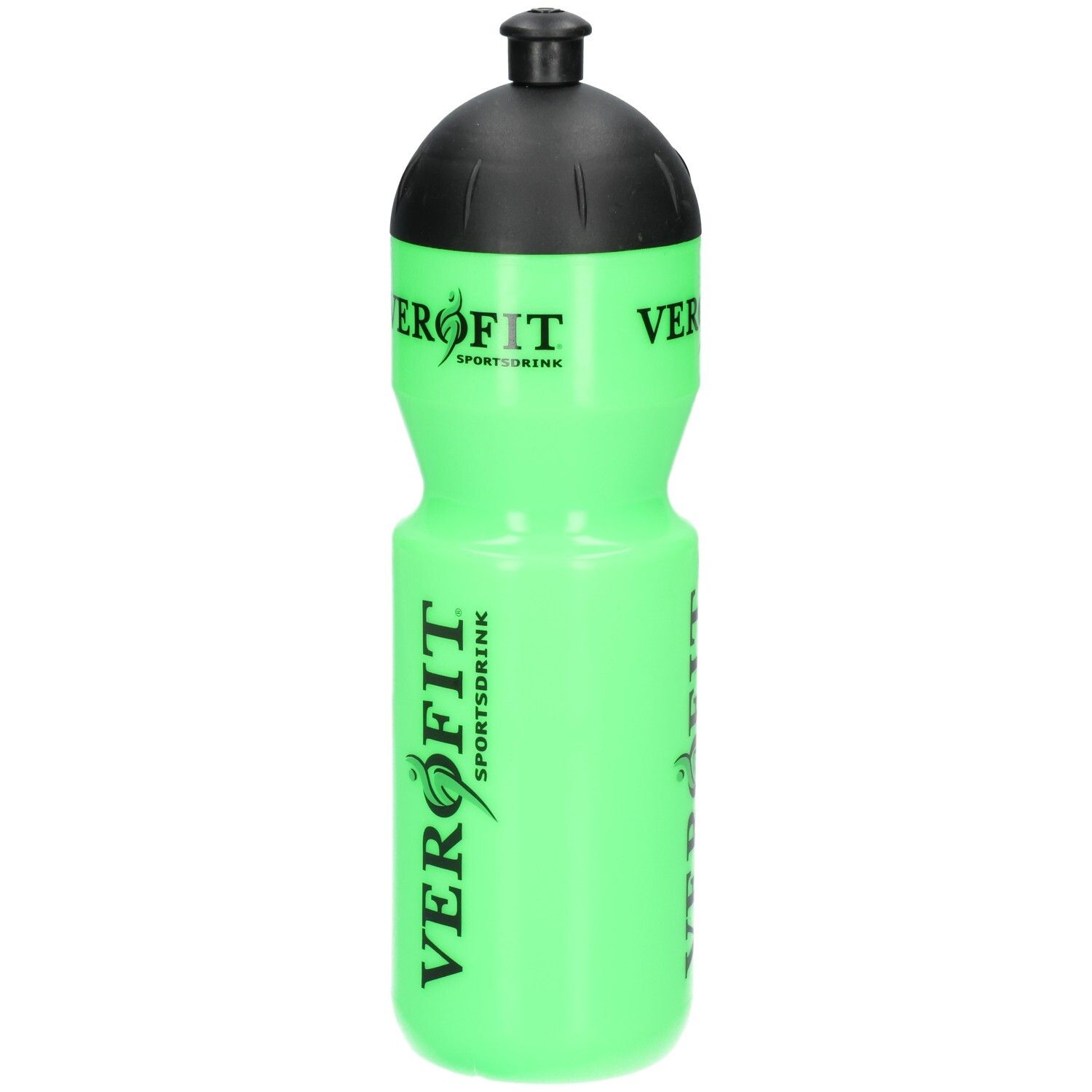 Helle grüne Sportflasche mit schwarzem Deckel und VEROFIT-Logo.