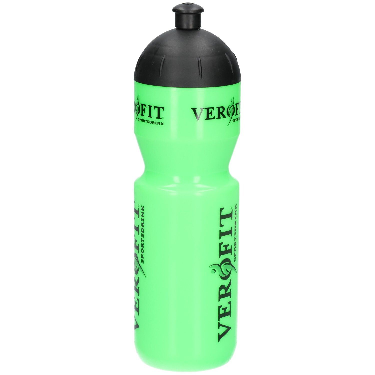 Helle grüne Sportflasche mit schwarzem Deckel und VEROFIT-Logo.