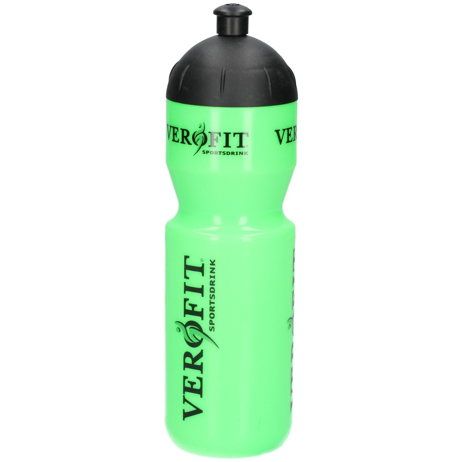 Helle grüne Sportflasche mit schwarzem Deckel und VEROFIT-Logo.