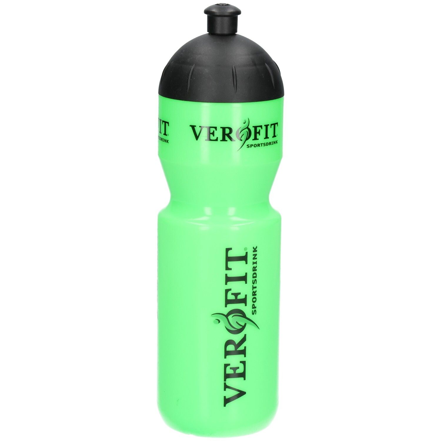 Helle grüne Sportflasche mit schwarzem Deckel und VEROFIT-Logo.