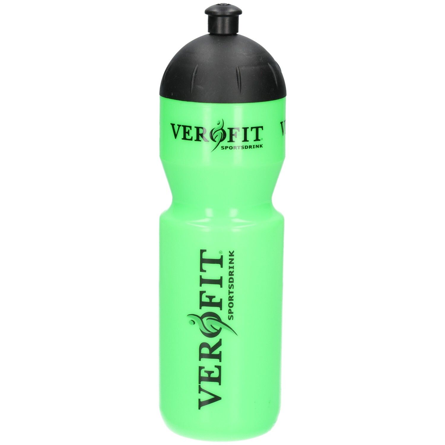 Helle grüne Sportflasche mit schwarzem Deckel und VEROFIT-Logo.