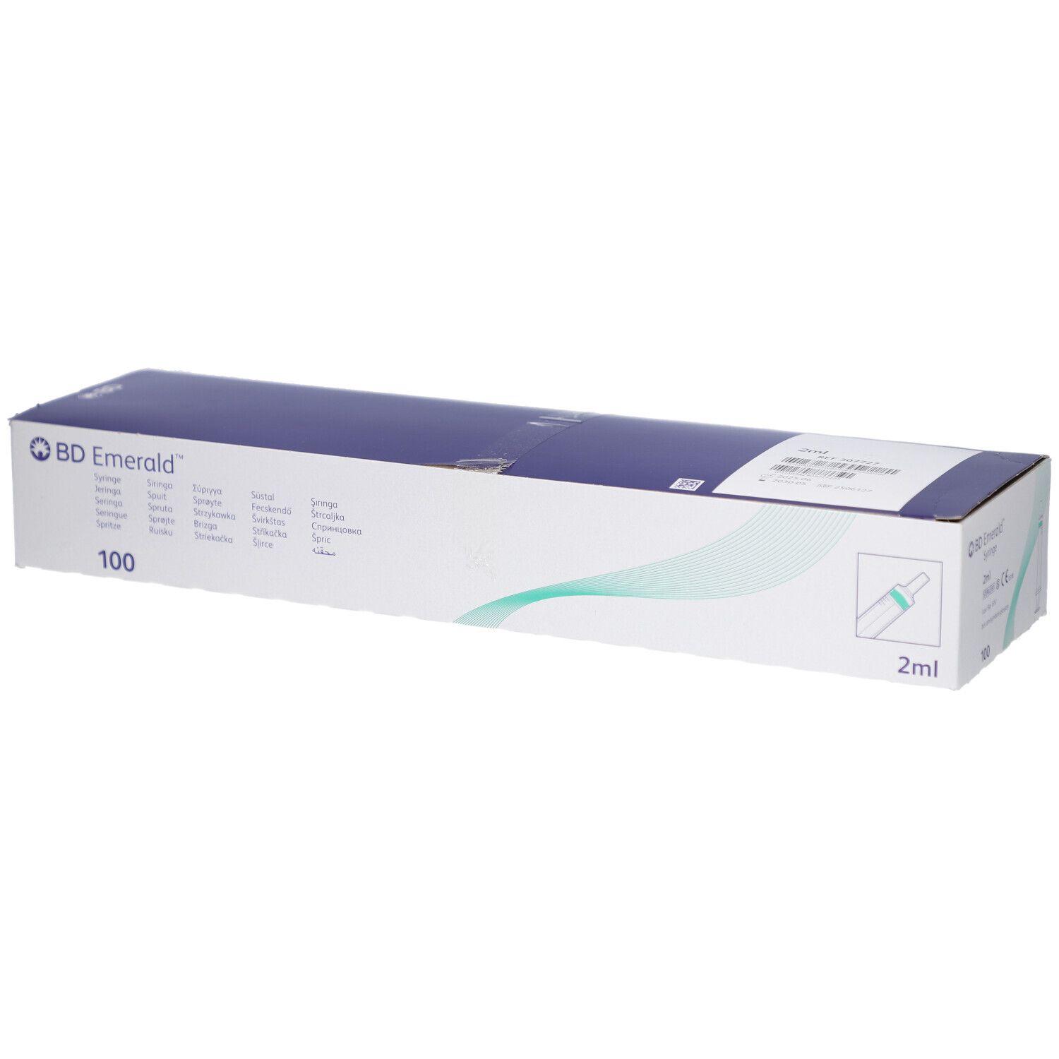 Verpackung von BD Emerald Spritzen. Aufschrift: BD Emerald, 100, 2ml. Grün-weiße Verpackung.