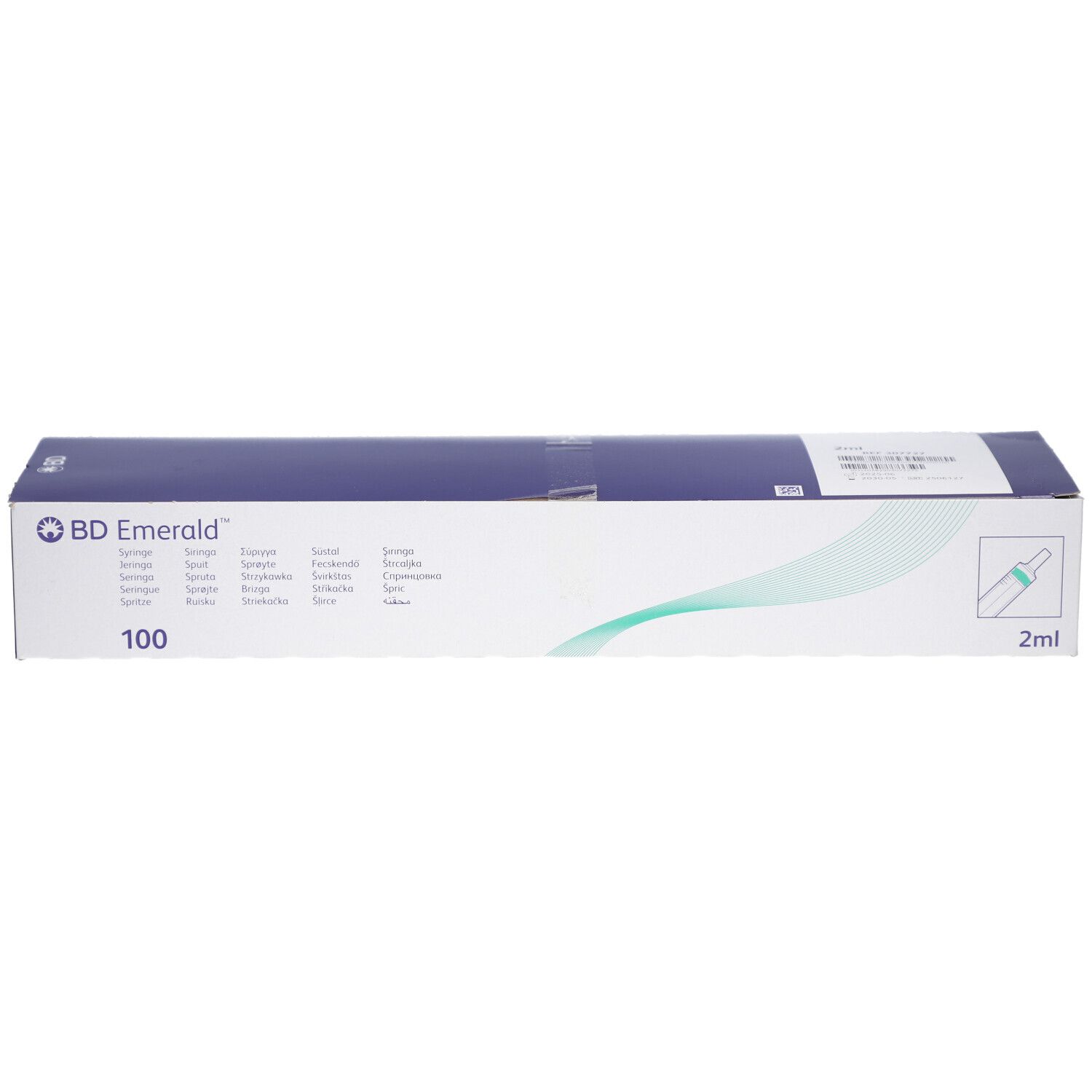 Verpackung von BD Emerald Spritzen. Aufschrift: BD Emerald, 100, 2ml. Grün-weiße Verpackung.
