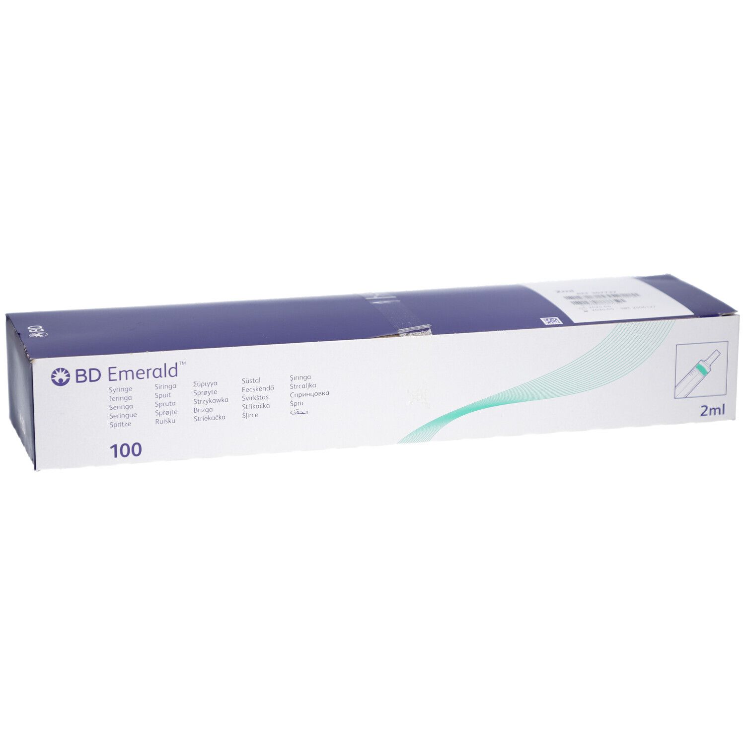 Verpackung von BD Emerald Spritzen. Aufschrift: BD Emerald, 100, 2ml. Grün-weiße Verpackung.