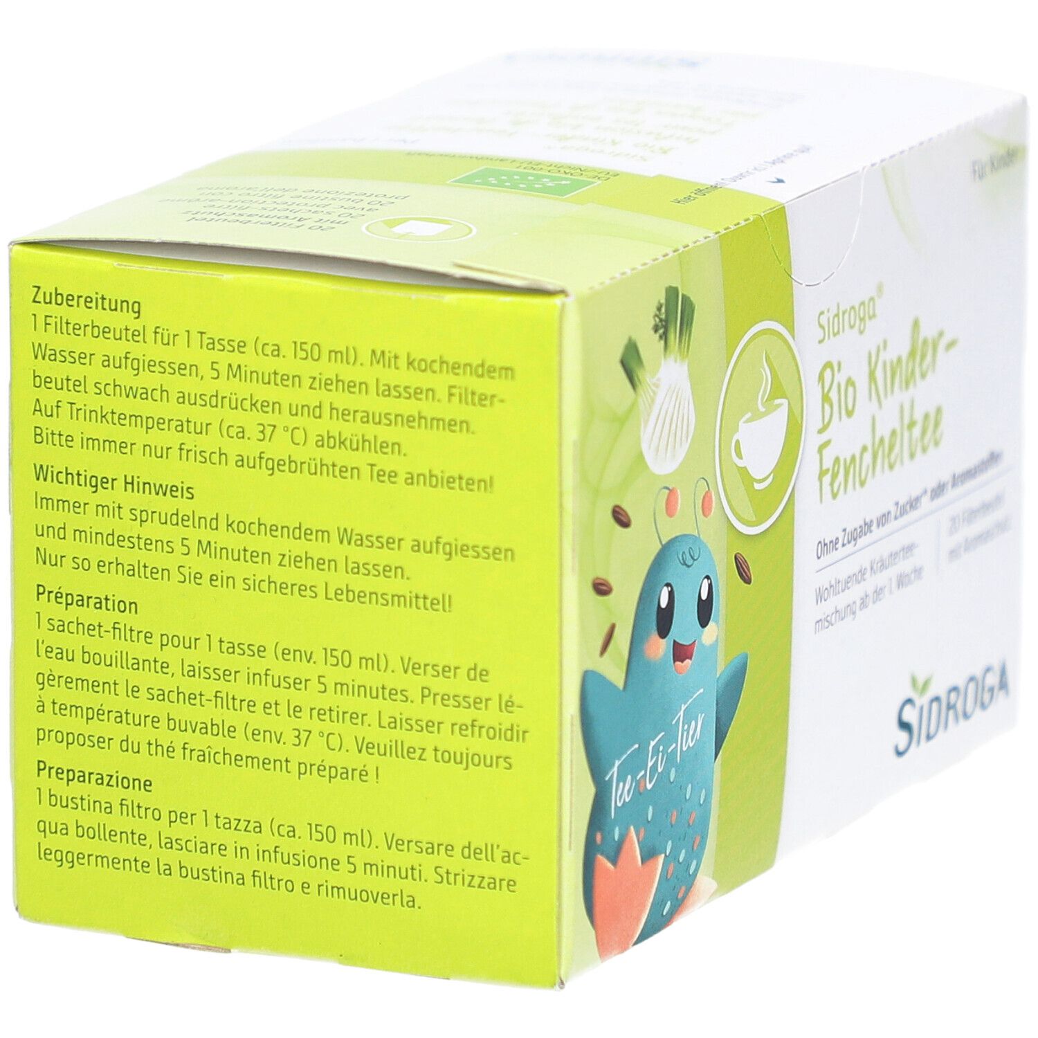 Rückseite der SIDROGA Bio Kinder-Fencheltee Packung. Zubereitungshinweise in Deutsch, Französisch und Italienisch. Illustration.