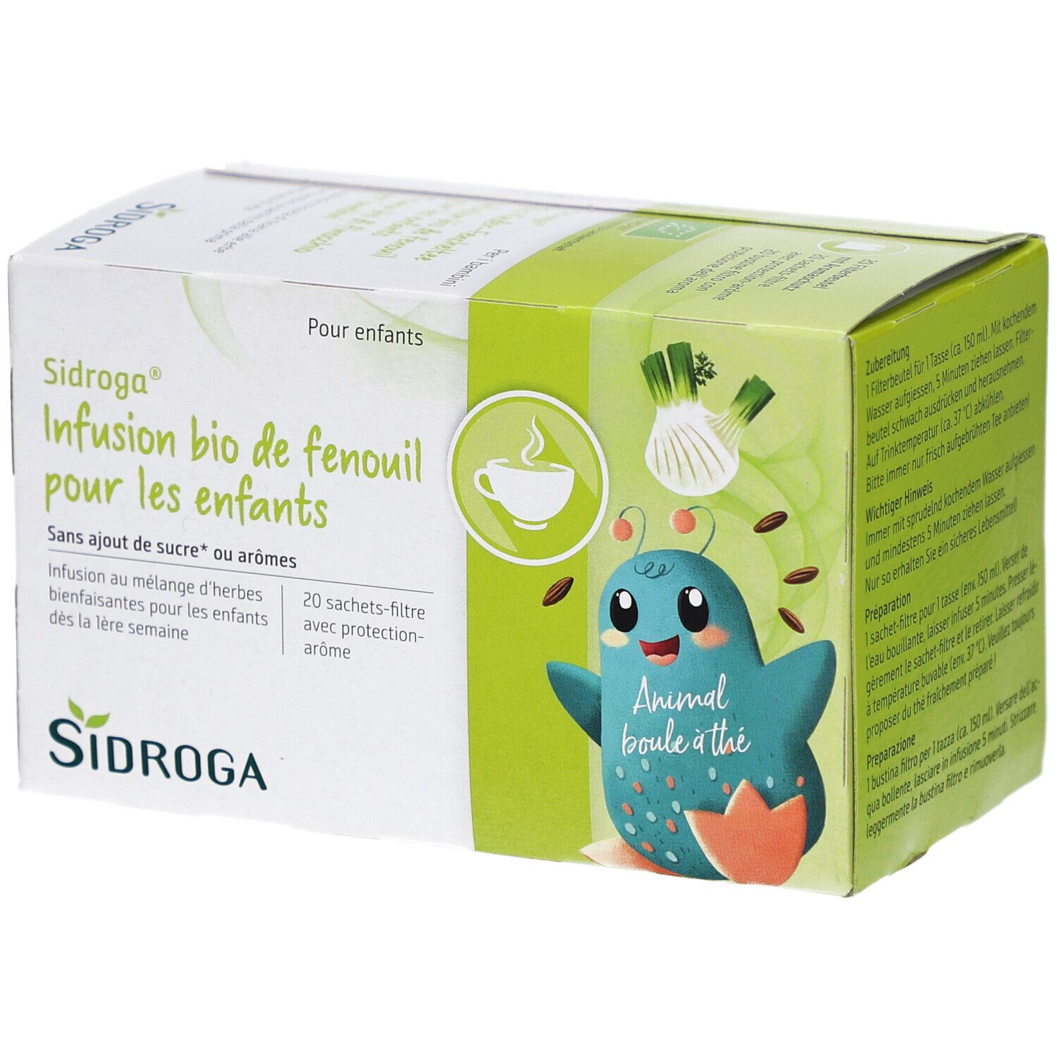 SIDROGA Infusion bio de fenouil pour les enfants Packung. Grün-weiß, mit Illustration. Enthält 20 Filterbeutel. Ohne Zuckerzusatz.