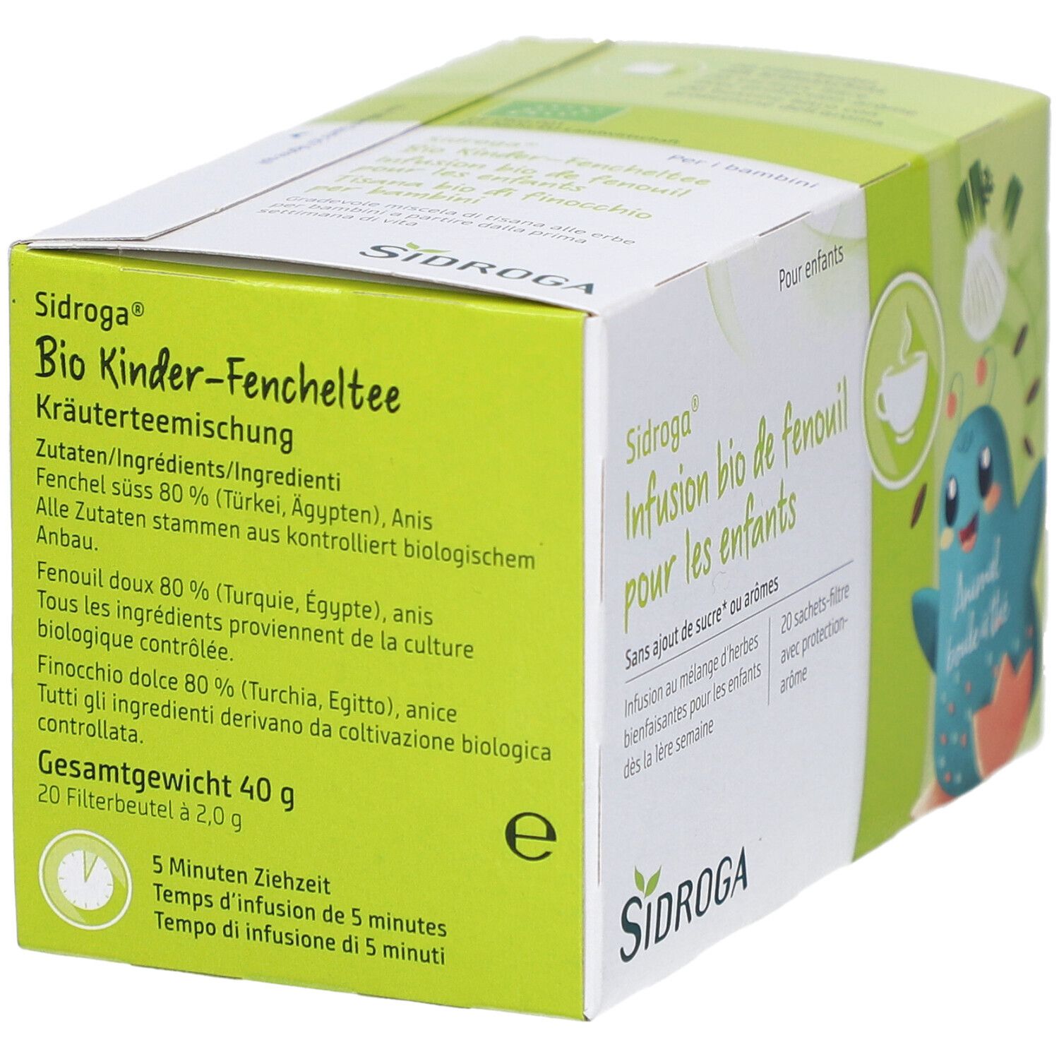 SIDROGA Bio Kinder-Fencheltee Packung. Zutatenliste in Deutsch, Französisch und Italienisch. Gesamtgewicht 40g.