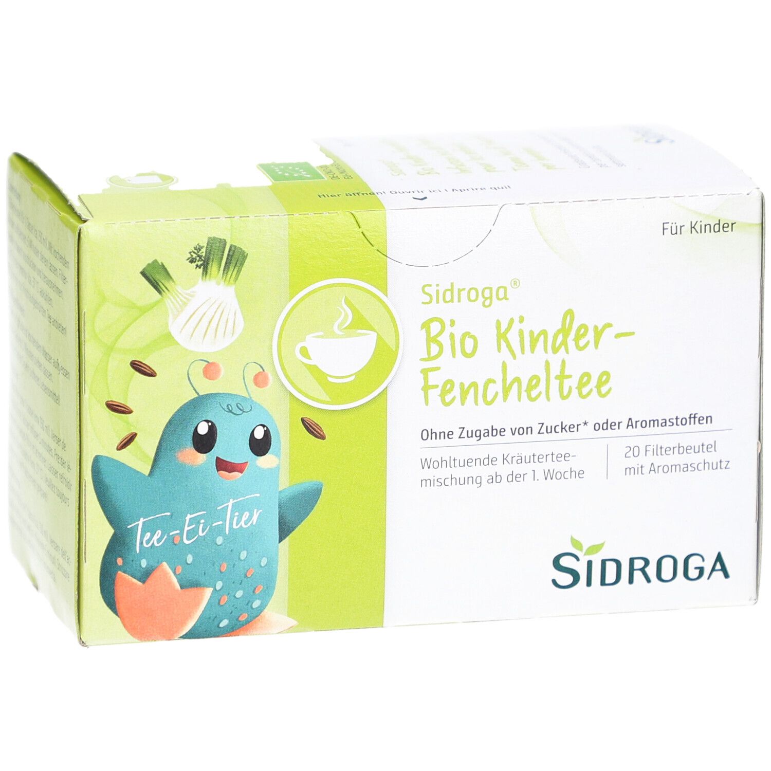 SIDROGA Bio Kinder-Fencheltee Packung. Grün-weiß, mit Illustration. Enthält 20 Filterbeutel. Ohne Zuckerzusatz.